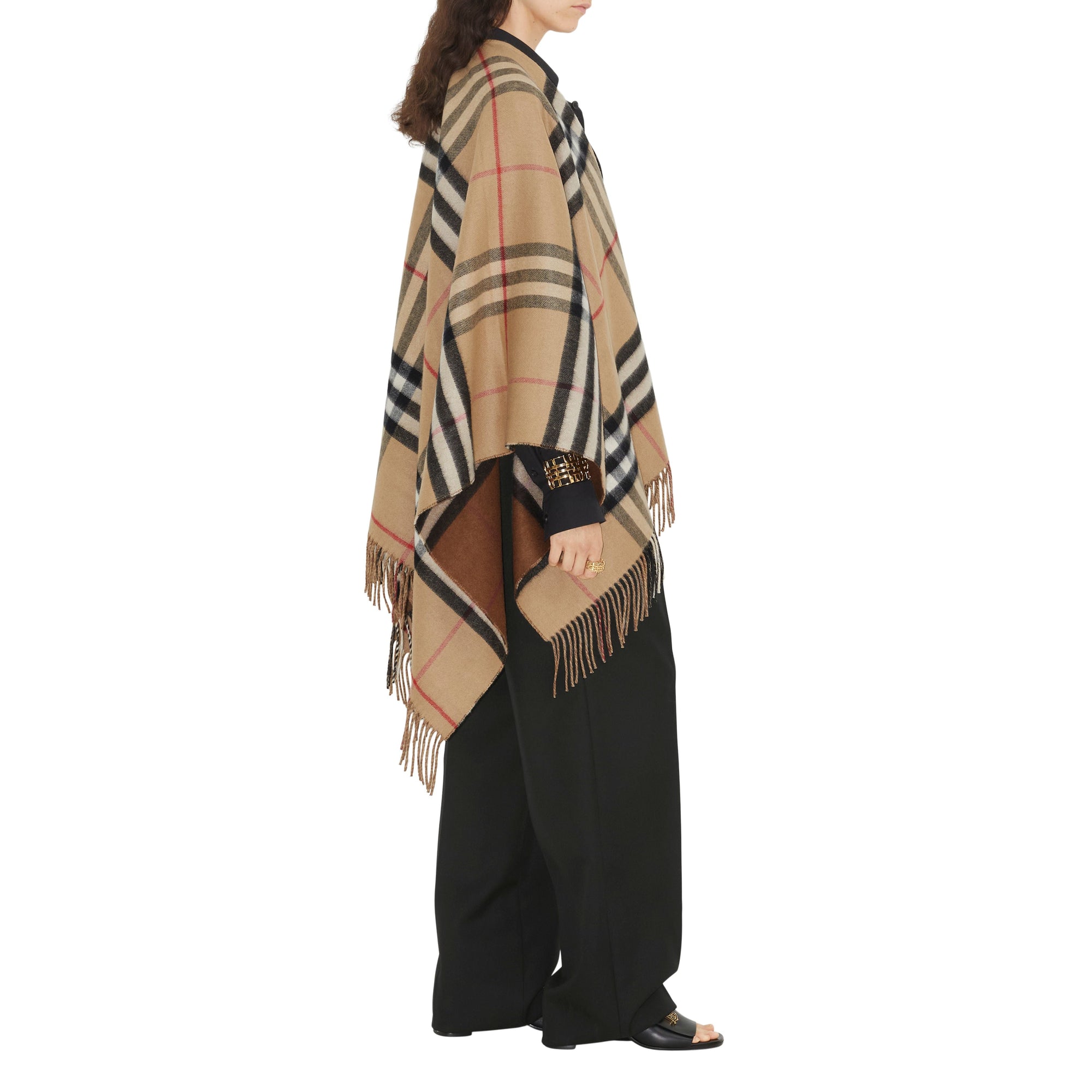 Cape en laine et cachemire à motif check bicolore - Archive Beige & Dark Birch Brown