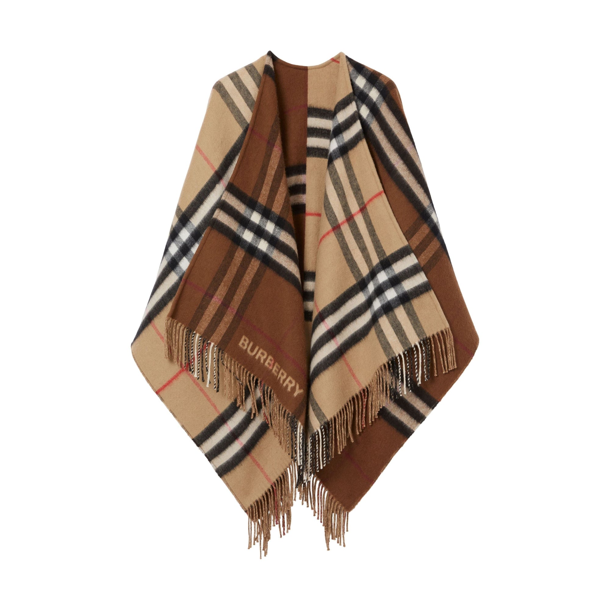 Cape en laine et cachemire à motif check bicolore - Archive Beige & Dark Birch Brown