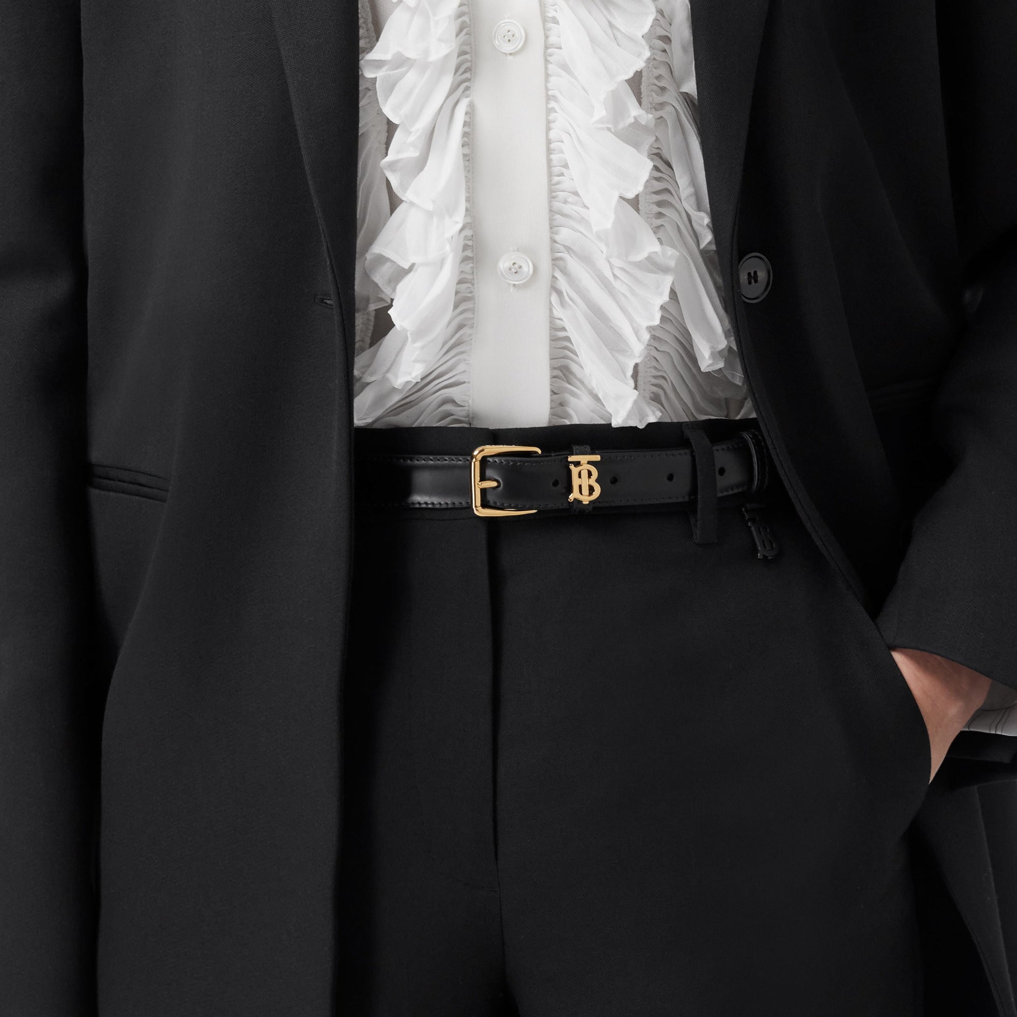 Ceinture fine initiale TB en cuir - Black