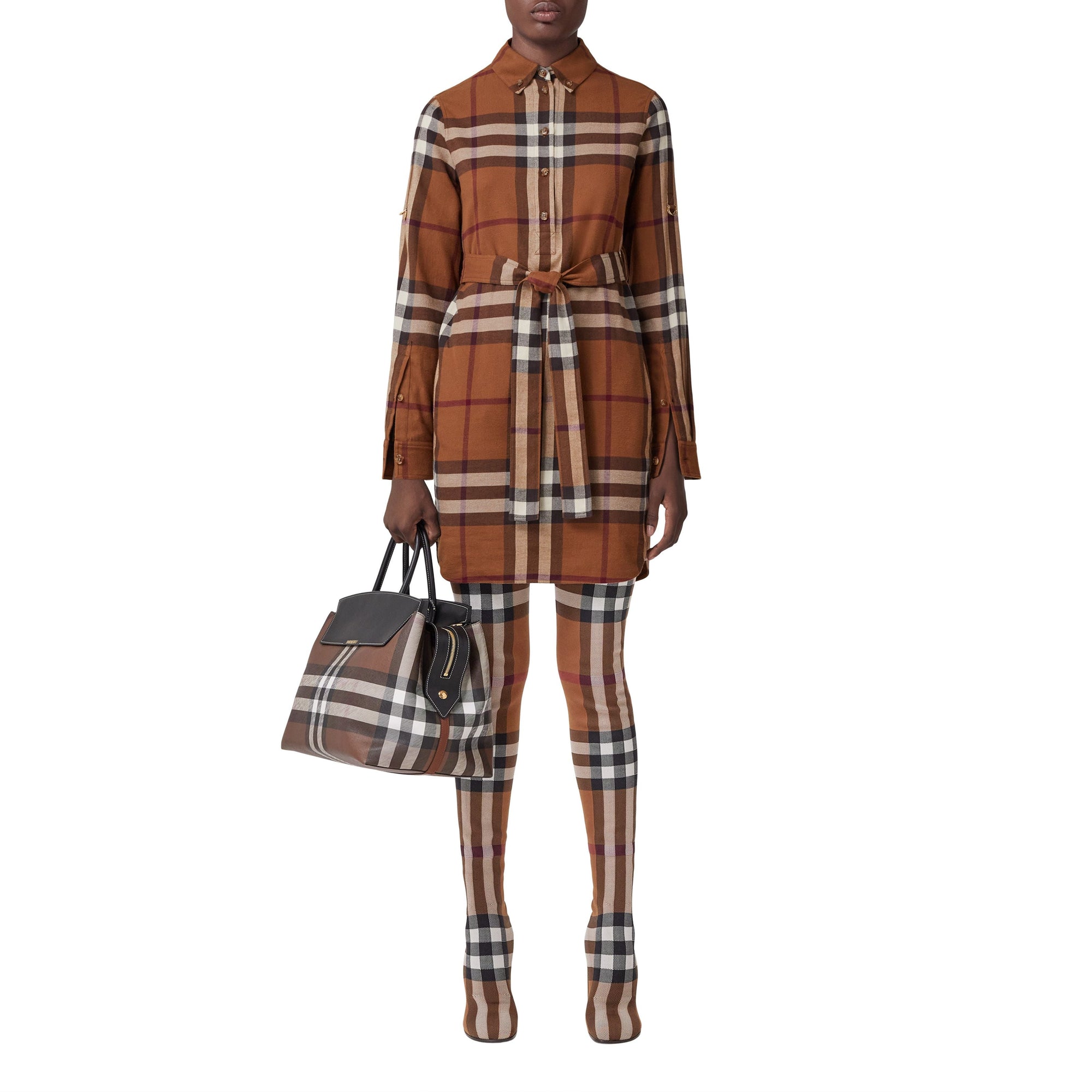 Robe chemise ceinturée à motif check - Dark Birch Brown