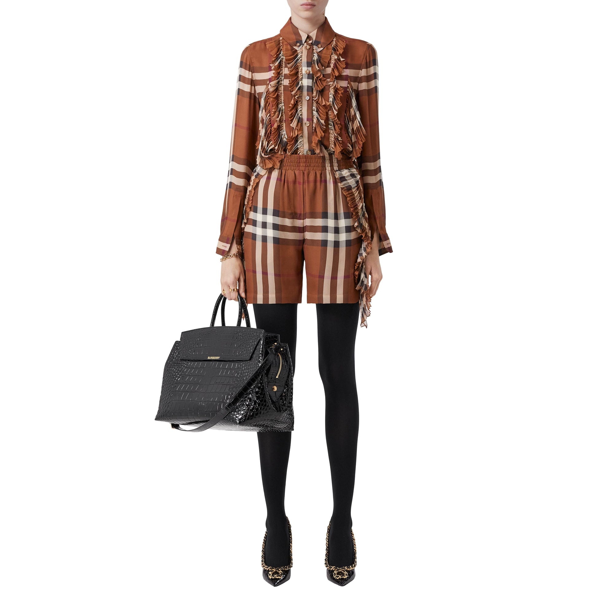 Short plissé à volants et carreaux en soie - Dark Birch Brown Check