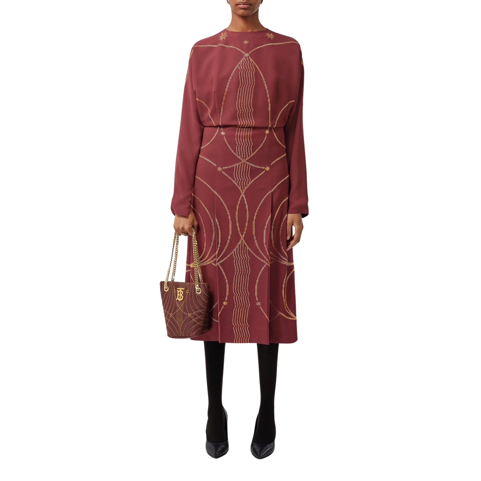 Robe en cady de soie brodée Astral - Burgundy