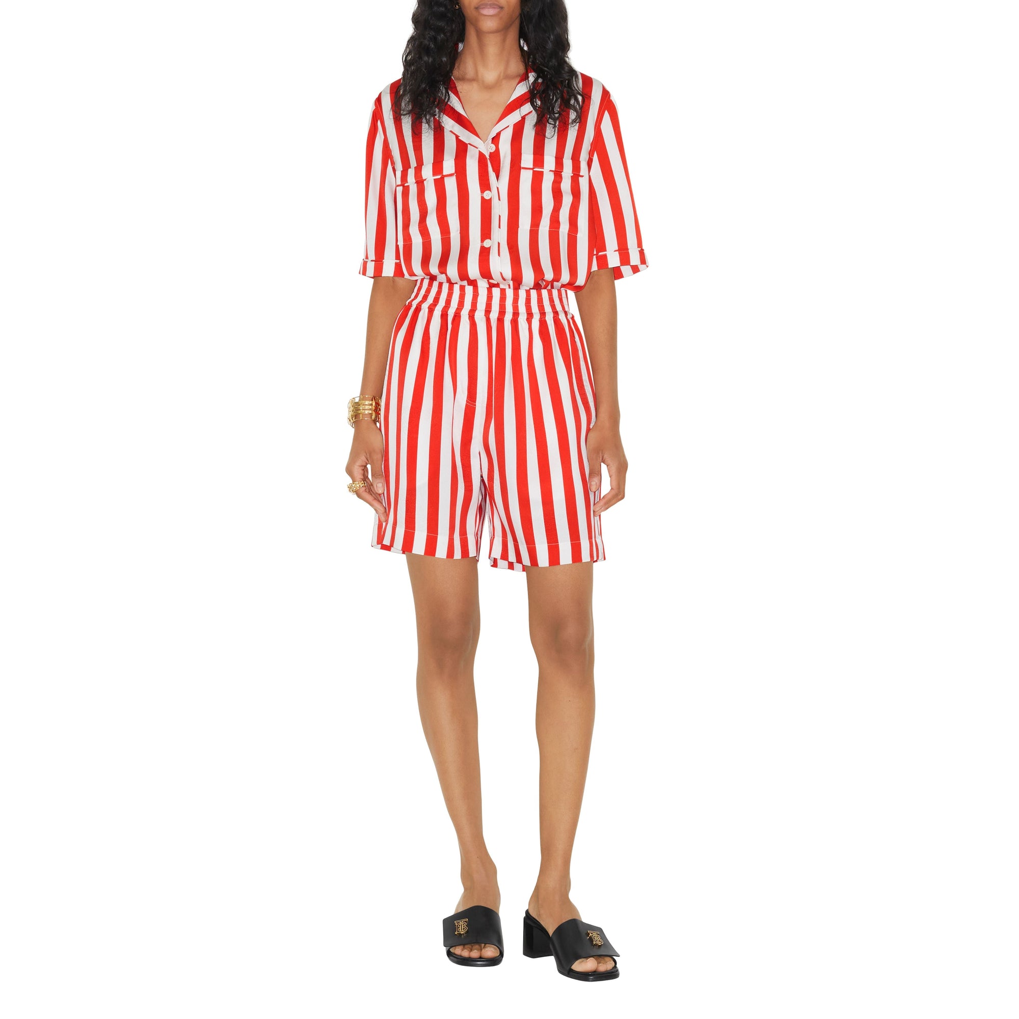 Chemise pyjama rayée en soie - Bright Chili Red