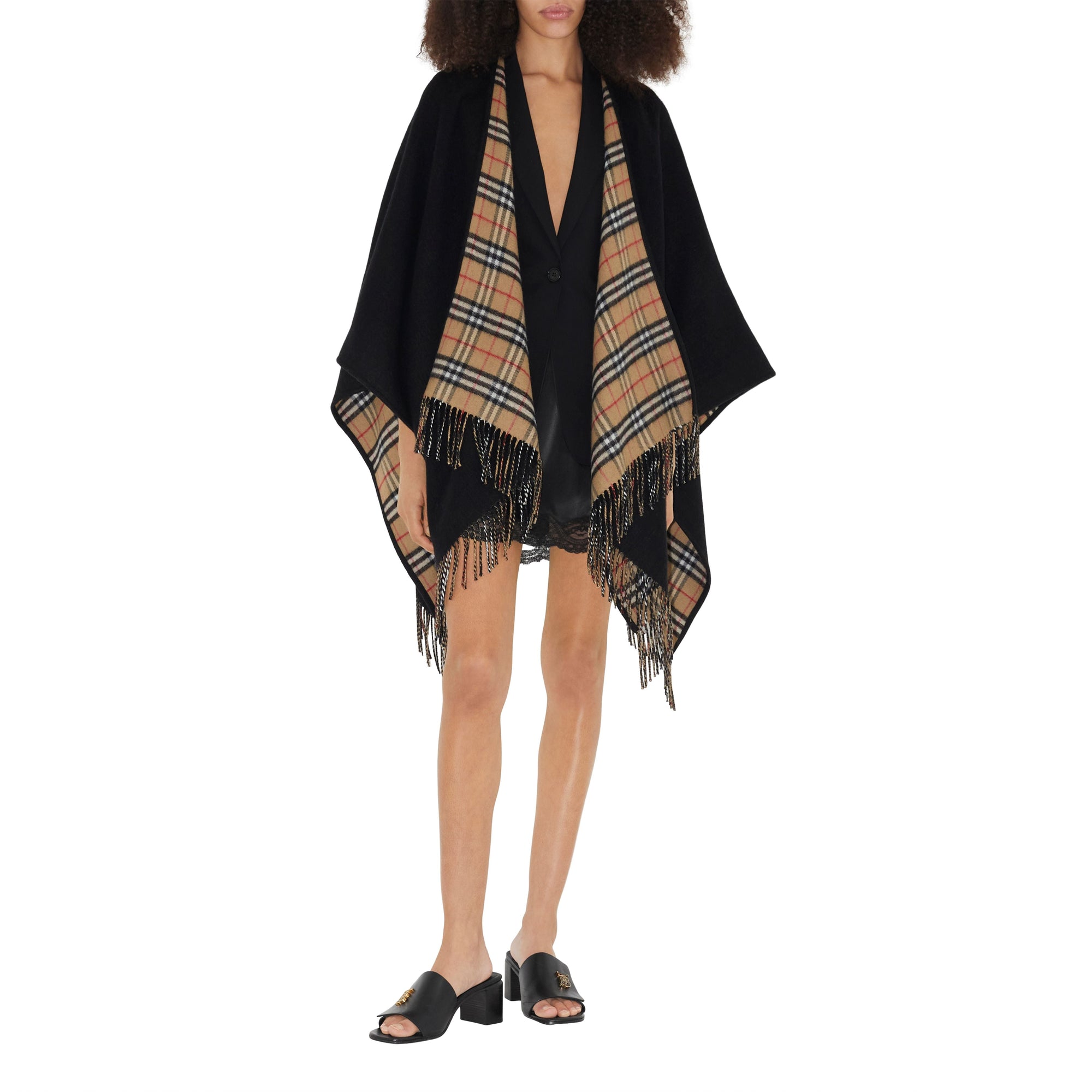 Cape réversible en laine à motif check - Black