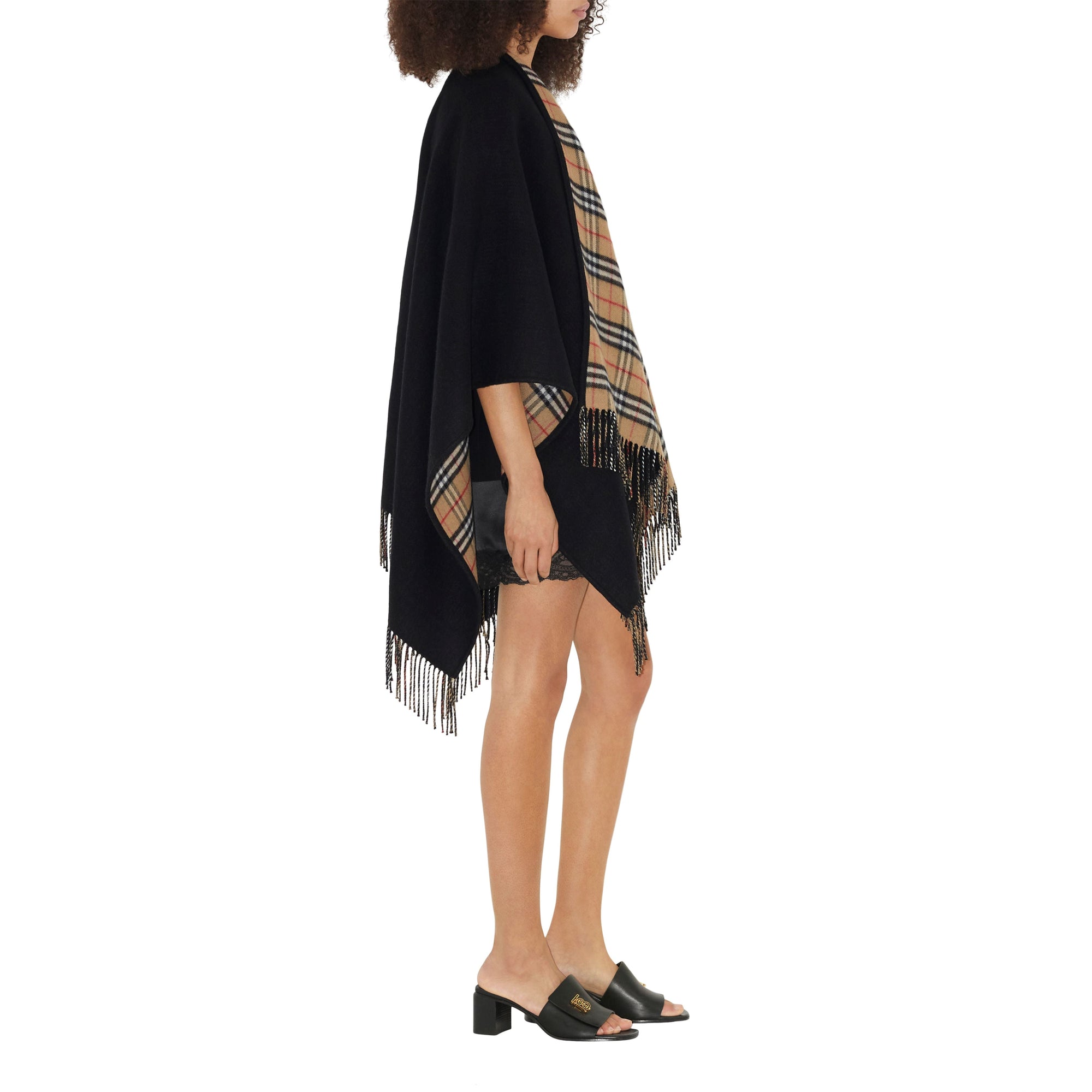 Cape réversible en laine à motif check - Black