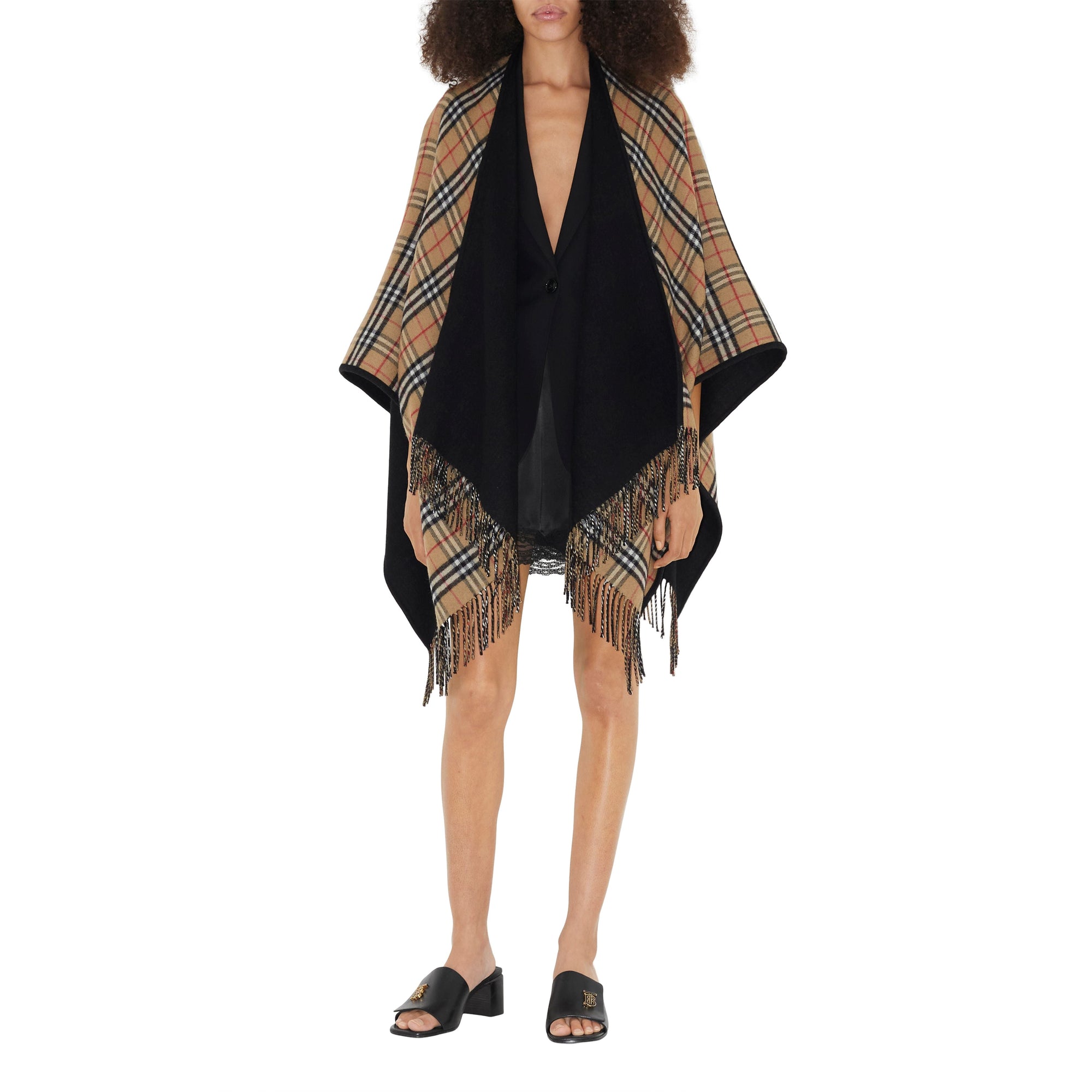 Cape réversible en laine à motif check - Black