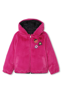 Manteau à capuche en tissu peluche - Fuchsia