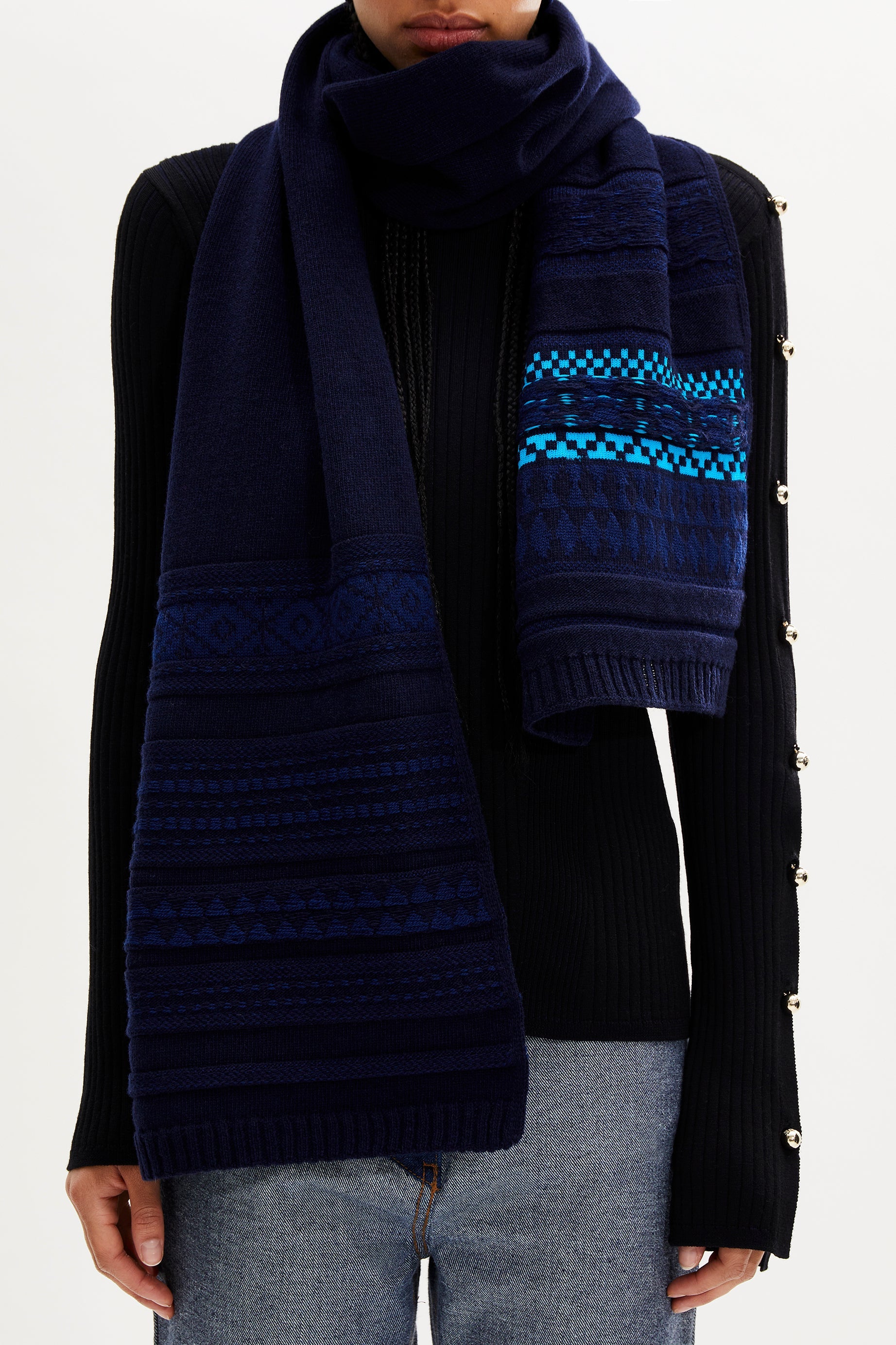 Echarpe tricot jacquard en laine - Bleu