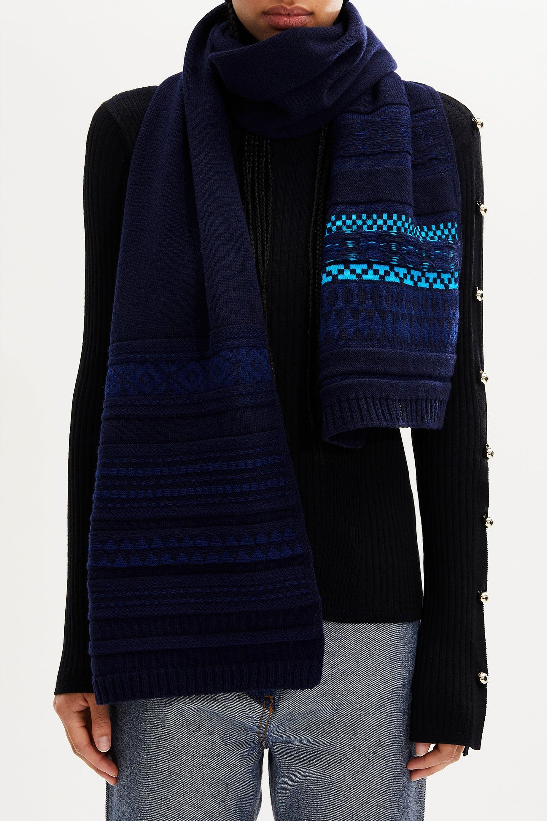 Echarpe tricot jacquard en laine - Bleu