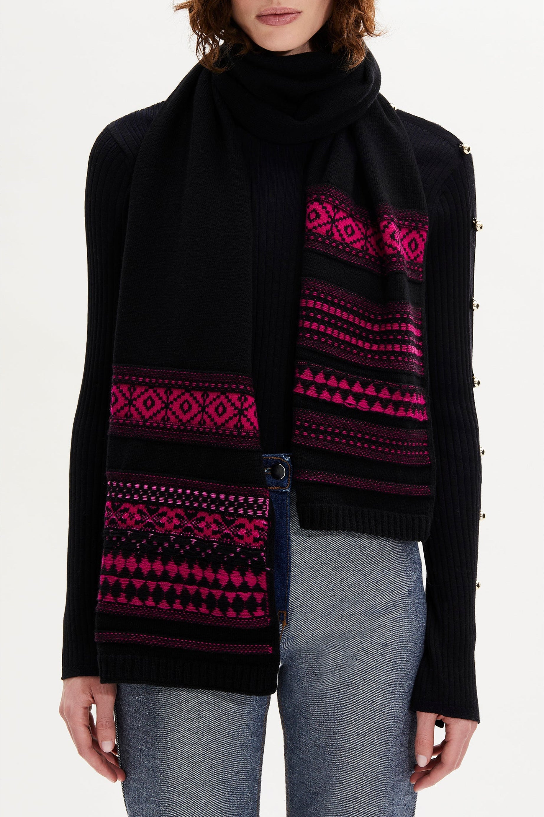 Echarpe tricot jacquard en laine - Fuchsia