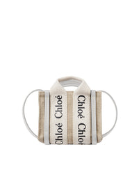 Mini sac Woody en toile de lin et cuir avec logo - Blanc