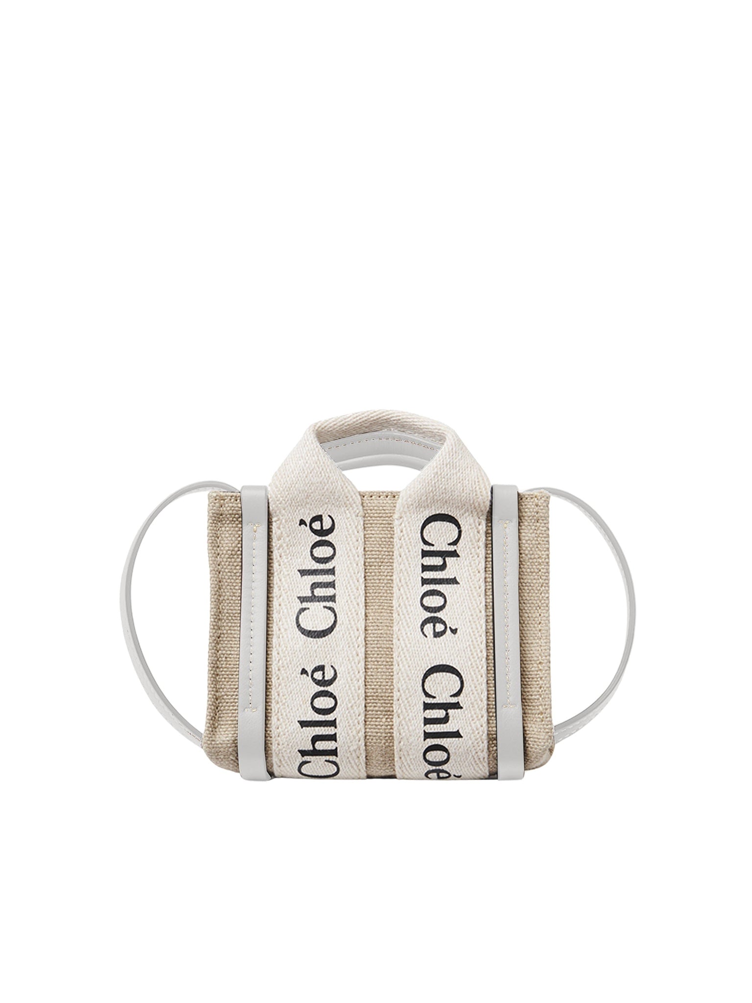 Mini sac Woody en toile de lin et cuir avec logo - Blanc
