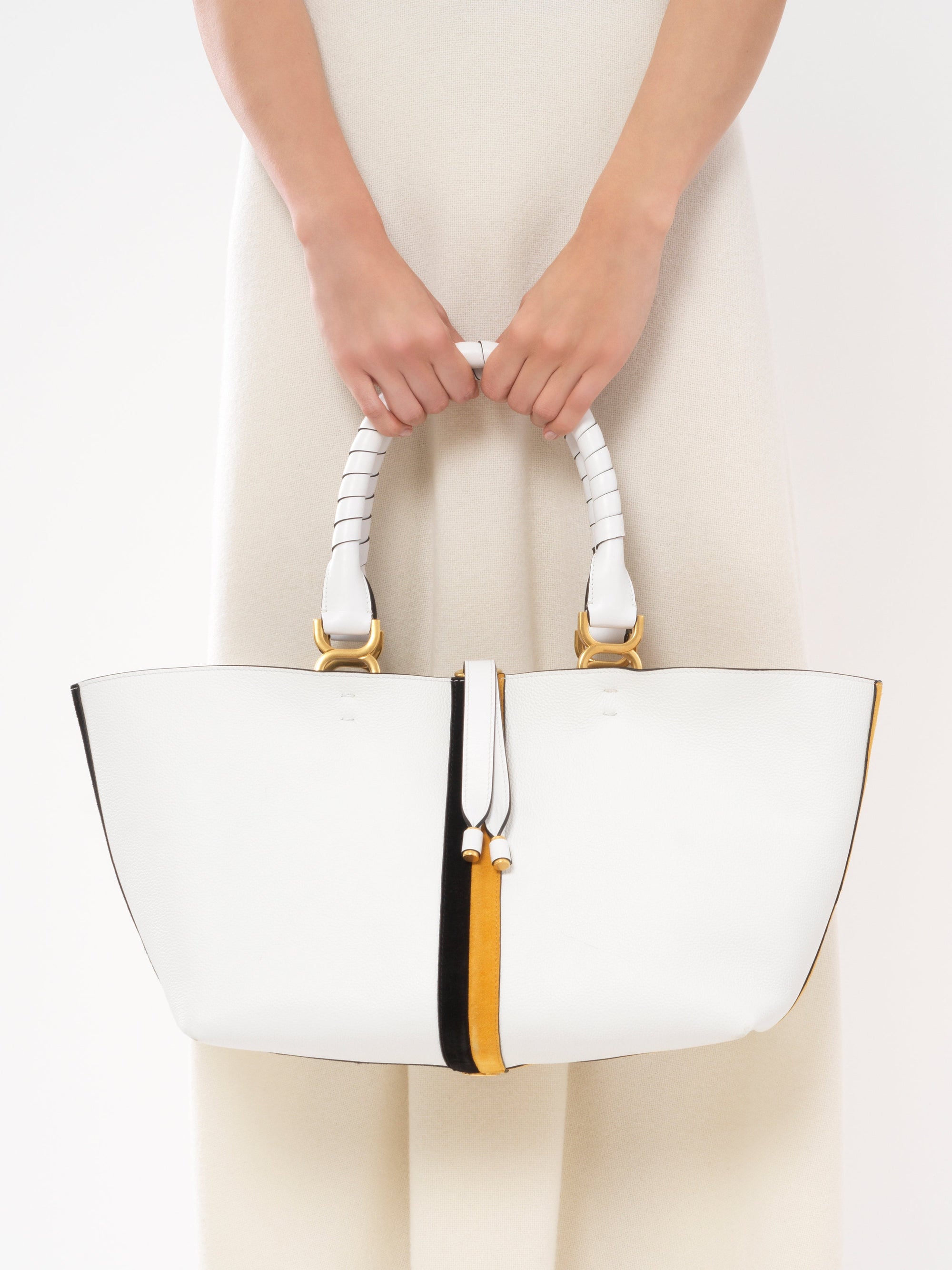 Petit cabas Marcie à bande bicolore en cuir grainé et daim - Multicolor Blanc