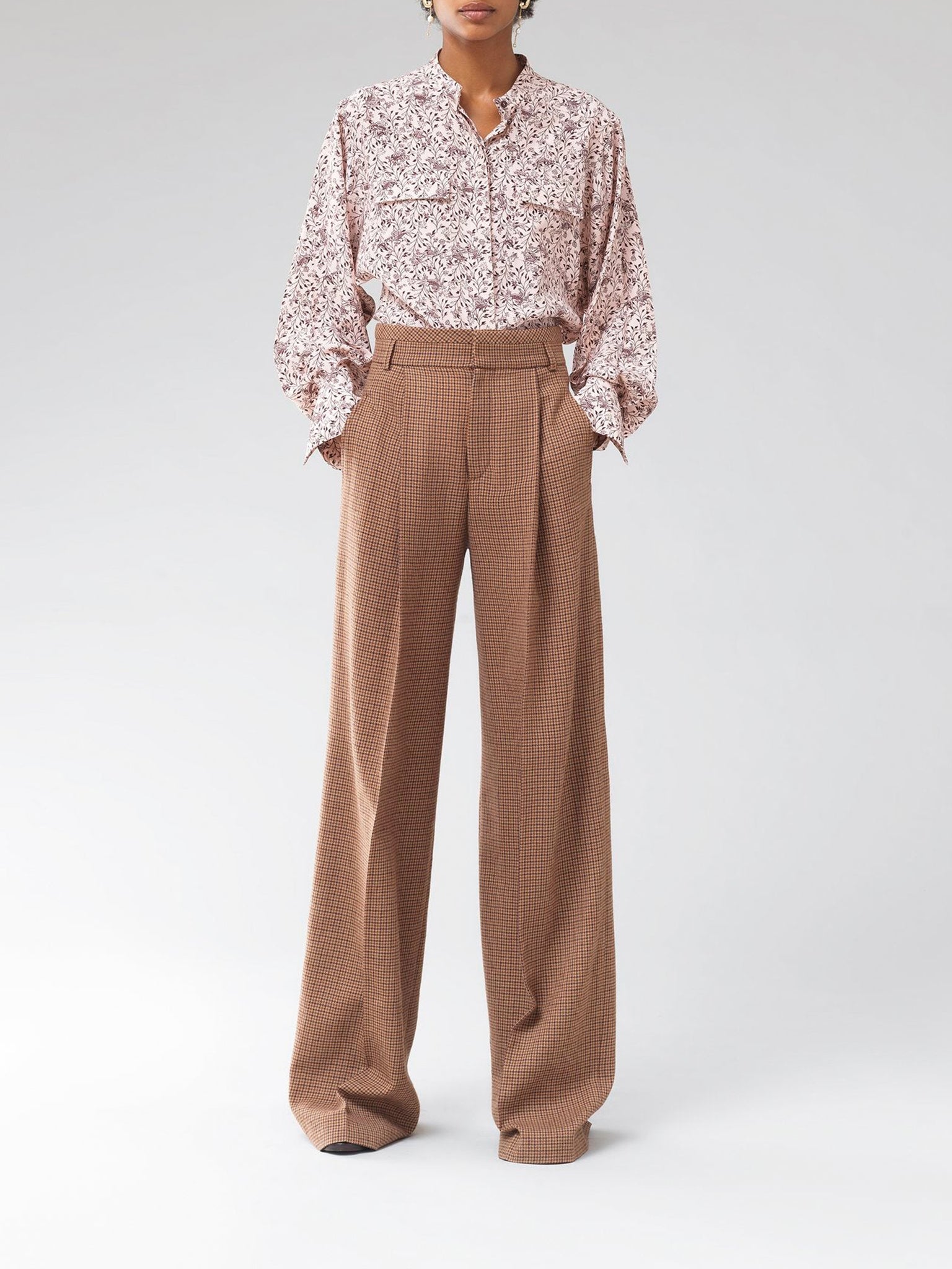 Pantalon évasé taille haute en laine vierge - Beige & Brown