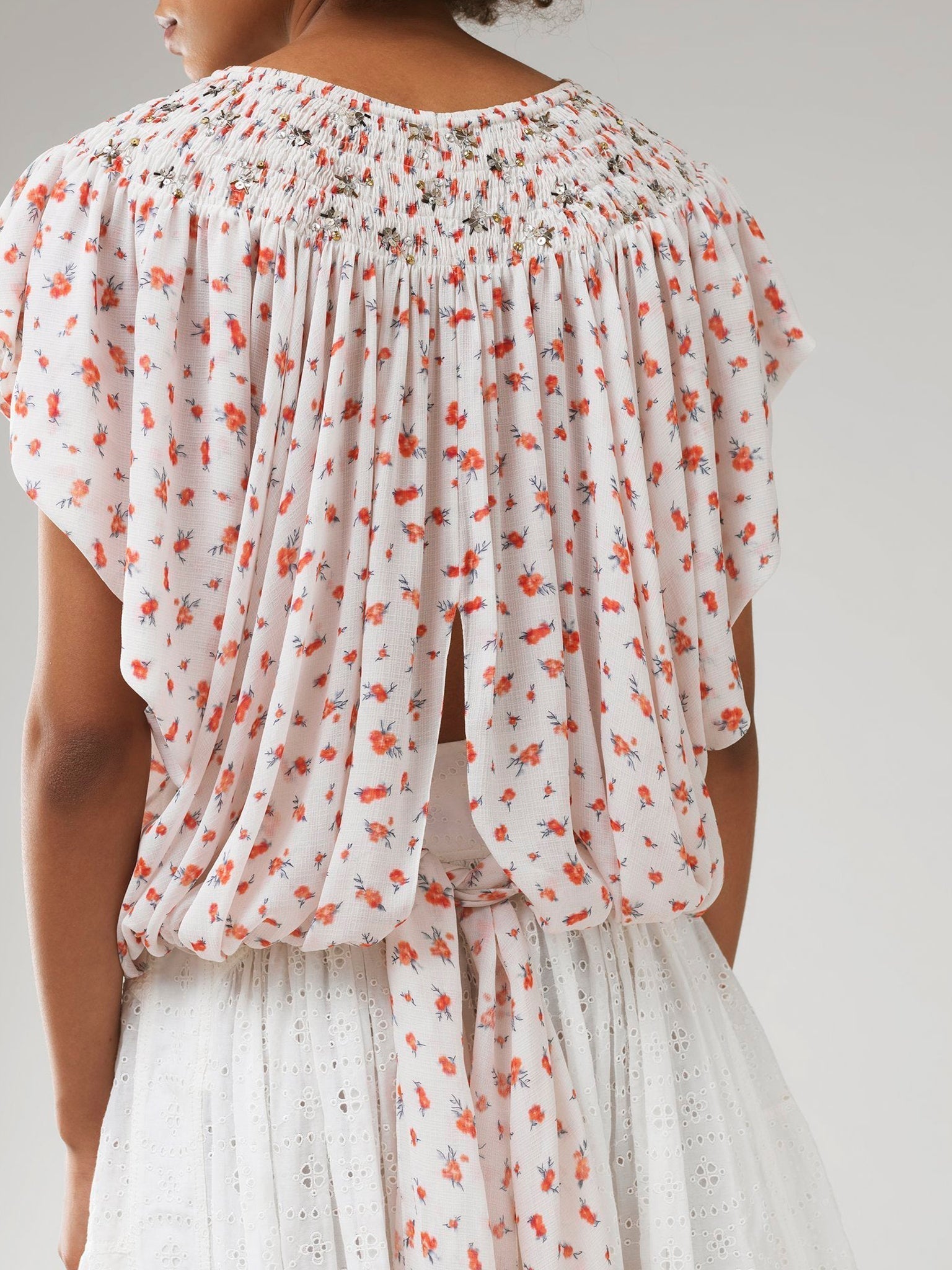 Blouse romantique Flower en soie - Beige & Red