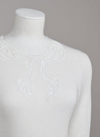 Pull en tricot de coton et guipure - Blanc Antique