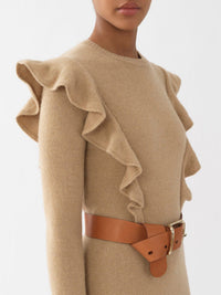 Robe midi ceinturée à manches longues en cachemire - Straw Beige
