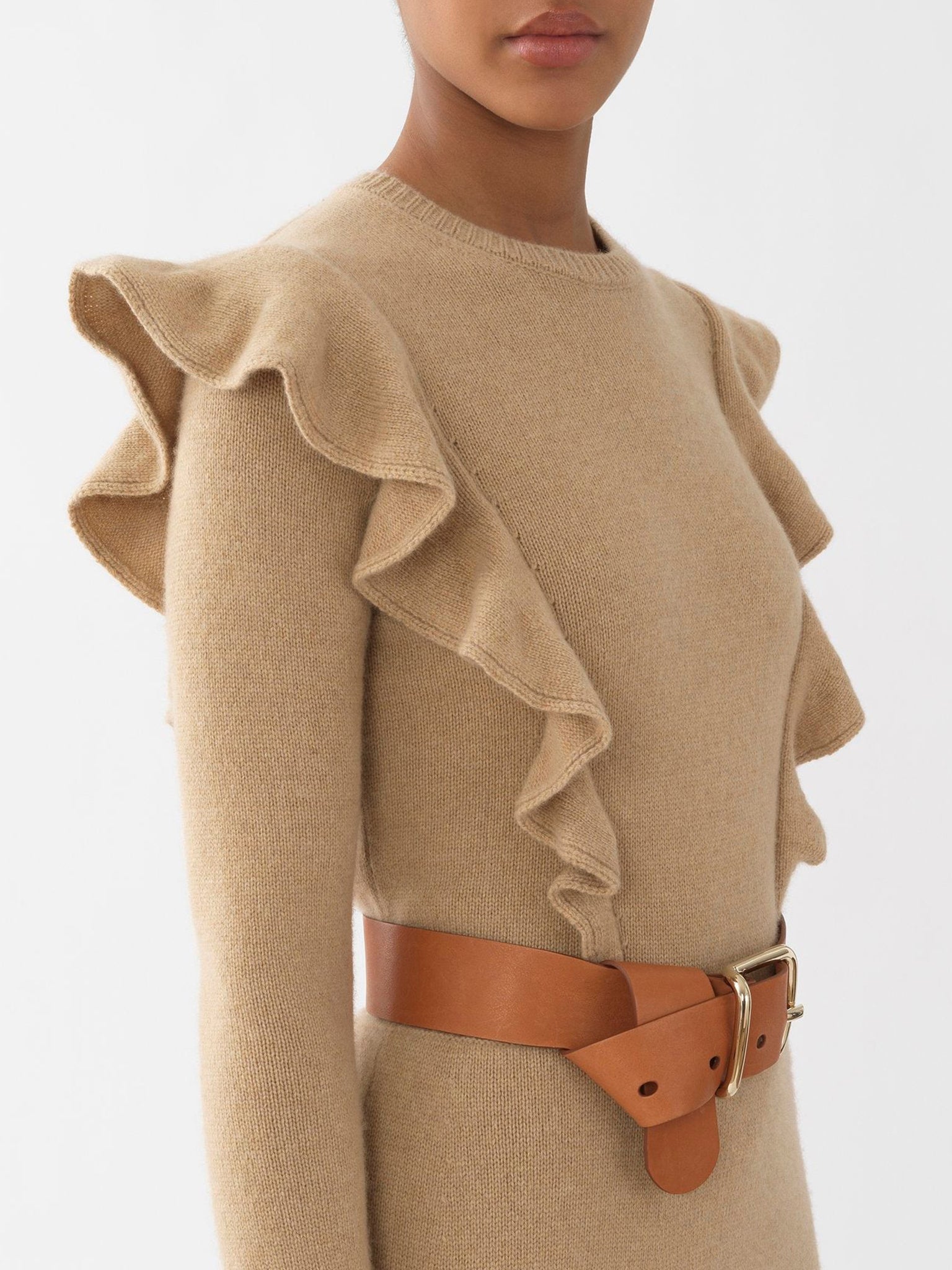 Robe midi ceinturée à manches longues en cachemire - Straw Beige