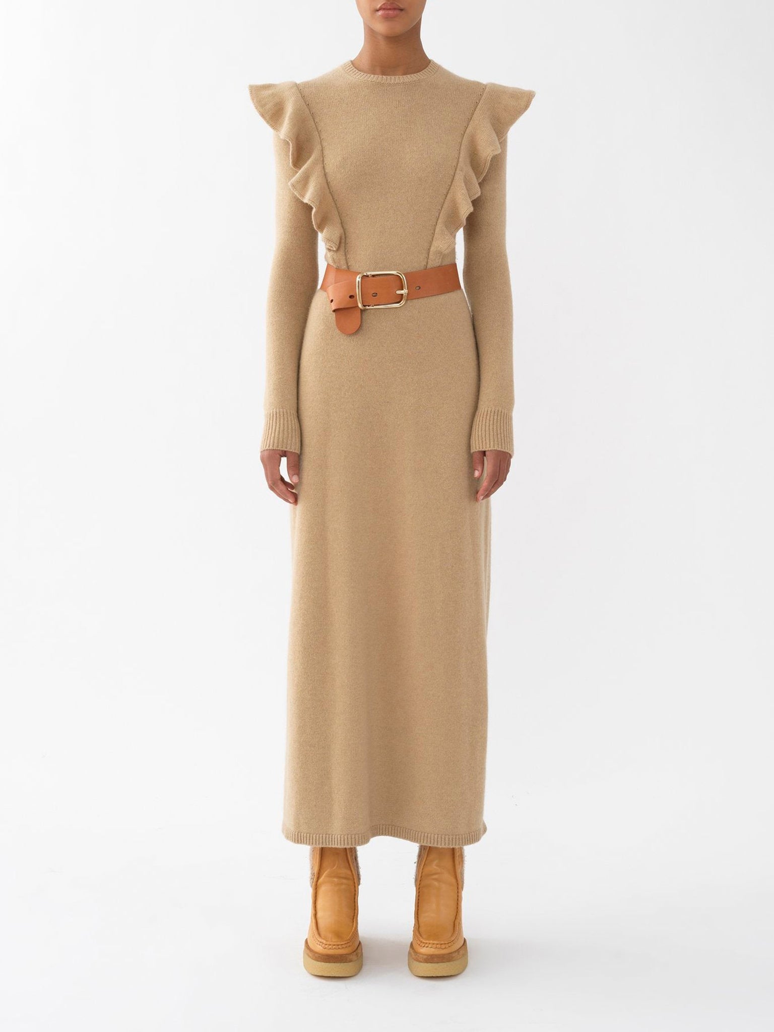 Robe midi ceinturée à manches longues en cachemire - Straw Beige