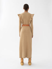 Robe midi ceinturée à manches longues en cachemire - Straw Beige