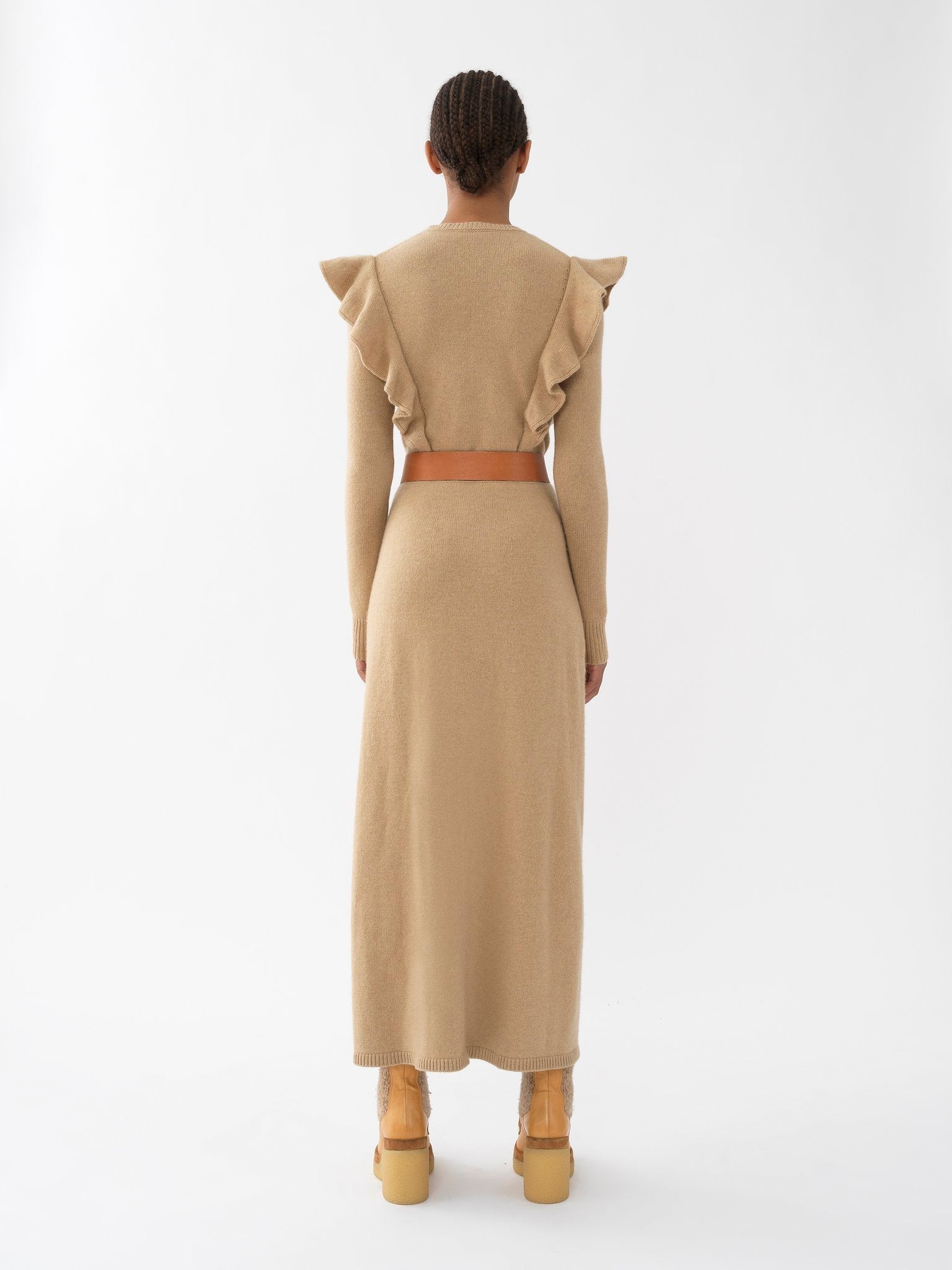 Robe midi ceinturée à manches longues en cachemire - Straw Beige