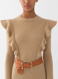 Robe midi ceinturée à manches longues en cachemire - Straw Beige