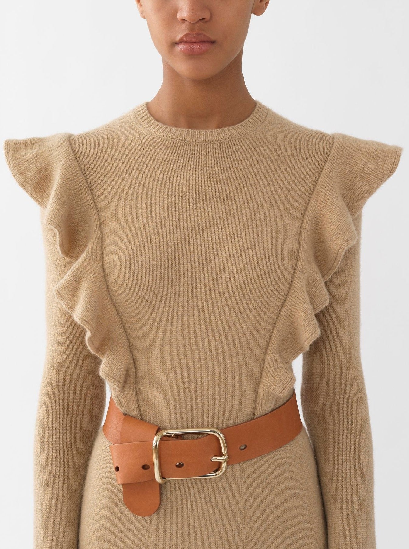 Robe midi ceinturée à manches longues en cachemire - Straw Beige