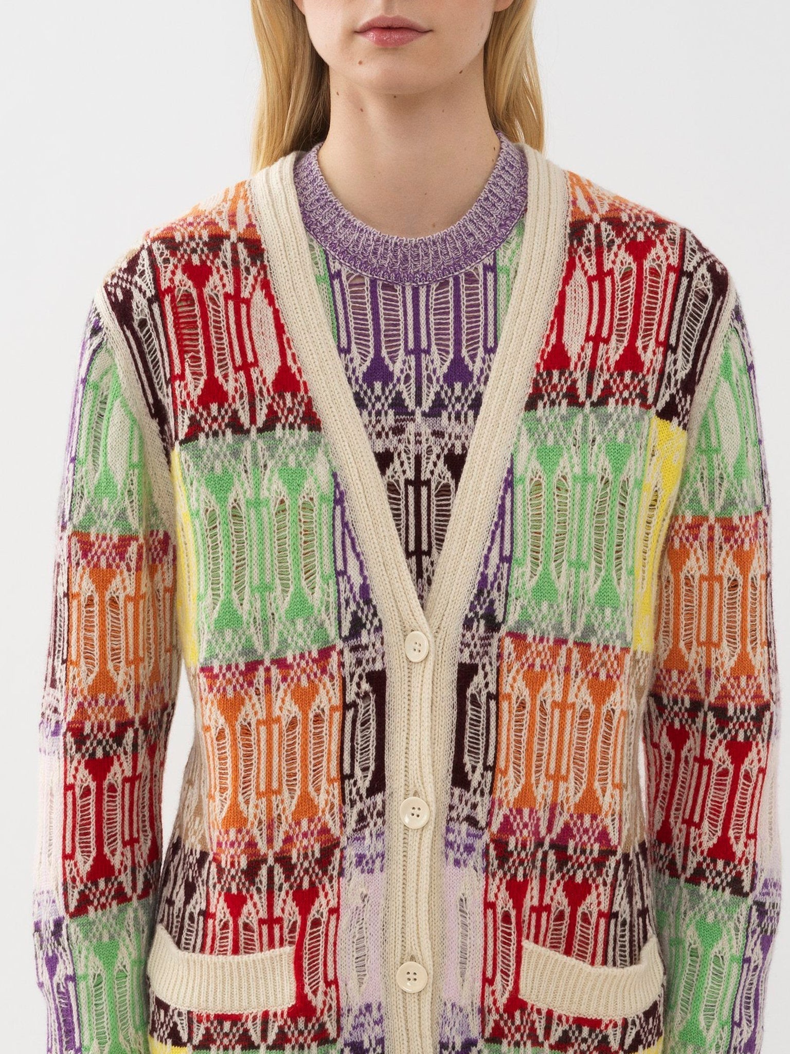 Cardigan ample à col V motif jacquard en cachemire - Multicolor