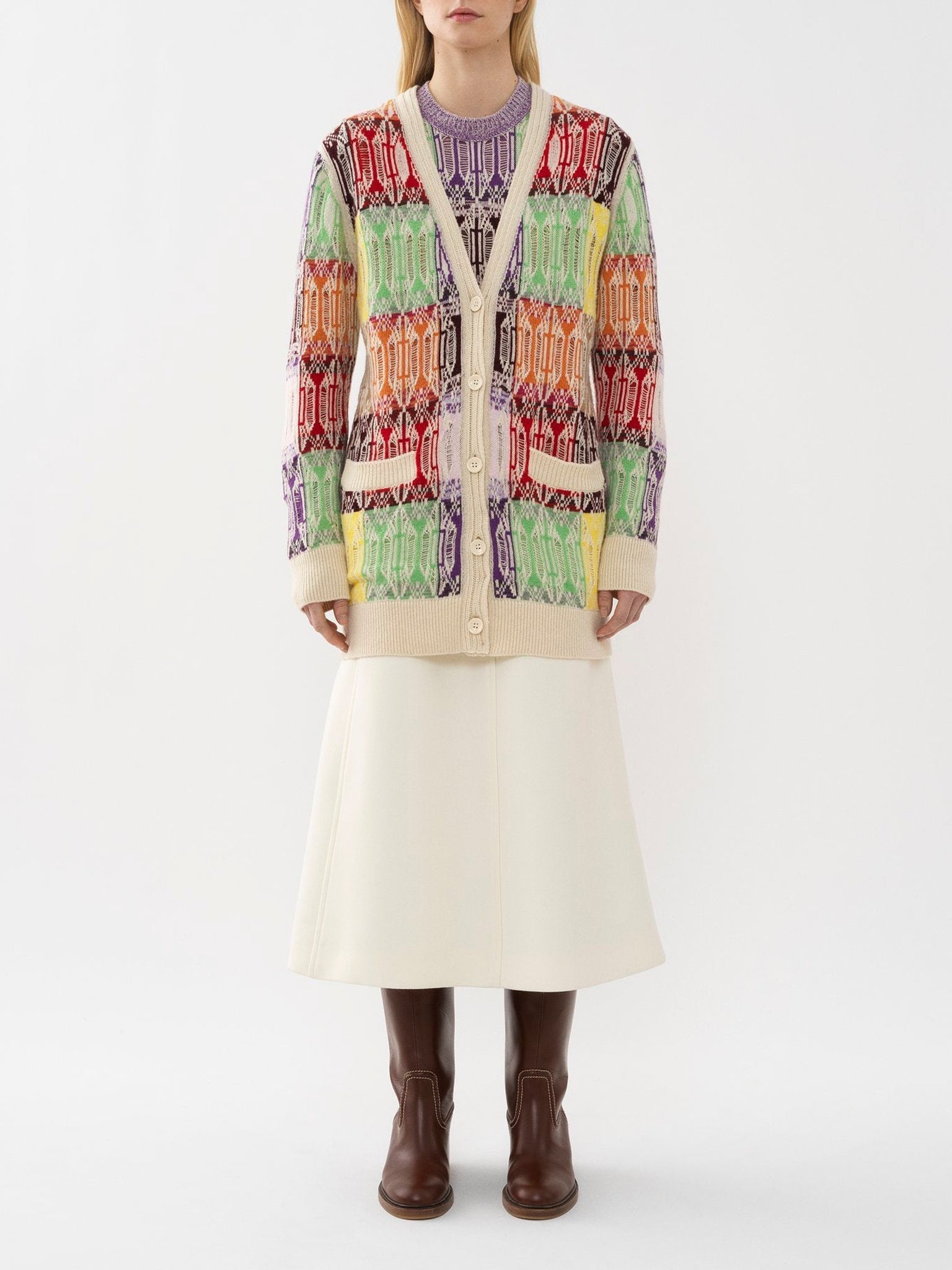 Cardigan ample à col V motif jacquard en cachemire - Multicolor