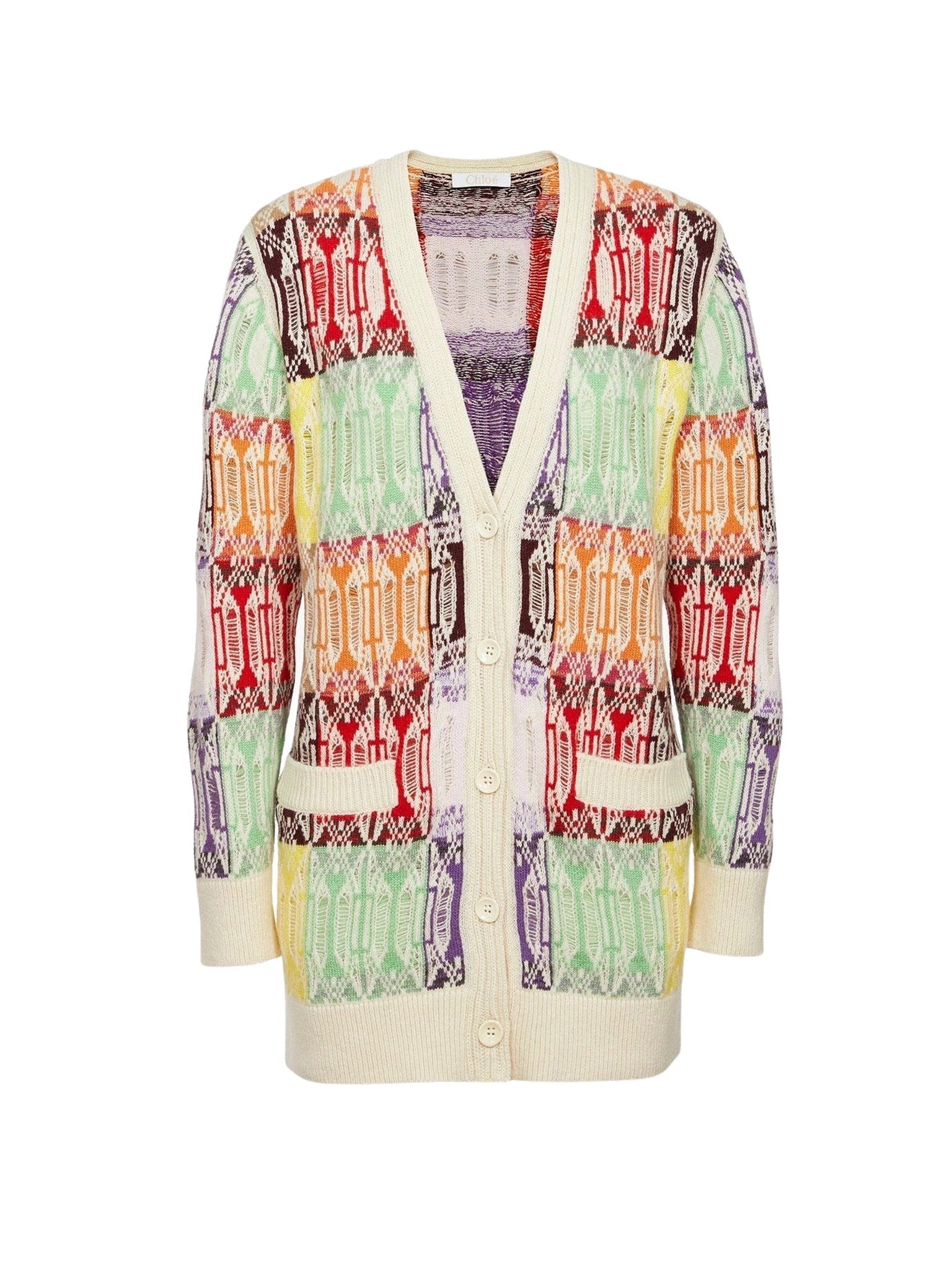 Cardigan ample à col V motif jacquard en cachemire - Multicolor