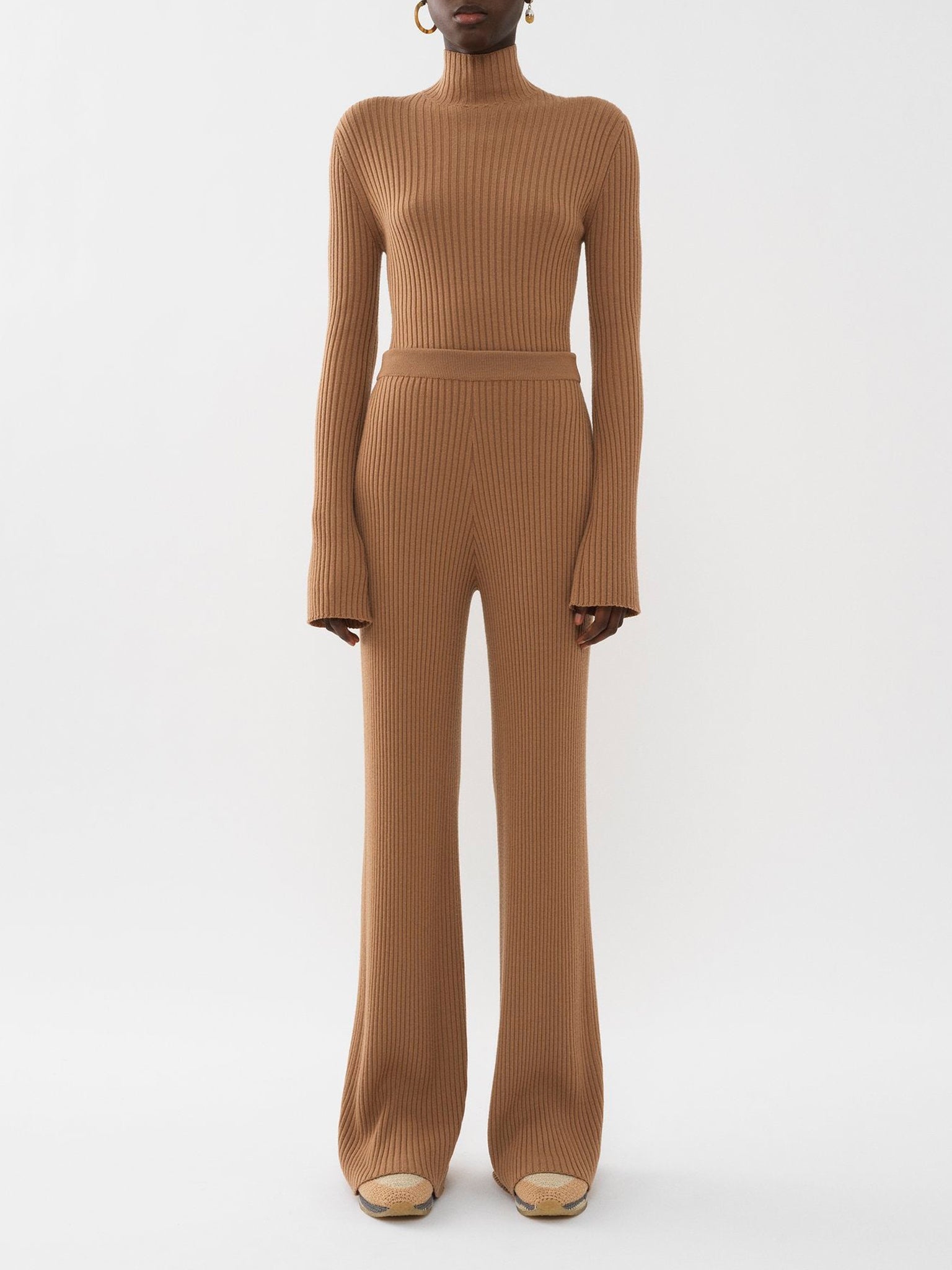 Pantalon évasé long en laine - Worn Brown