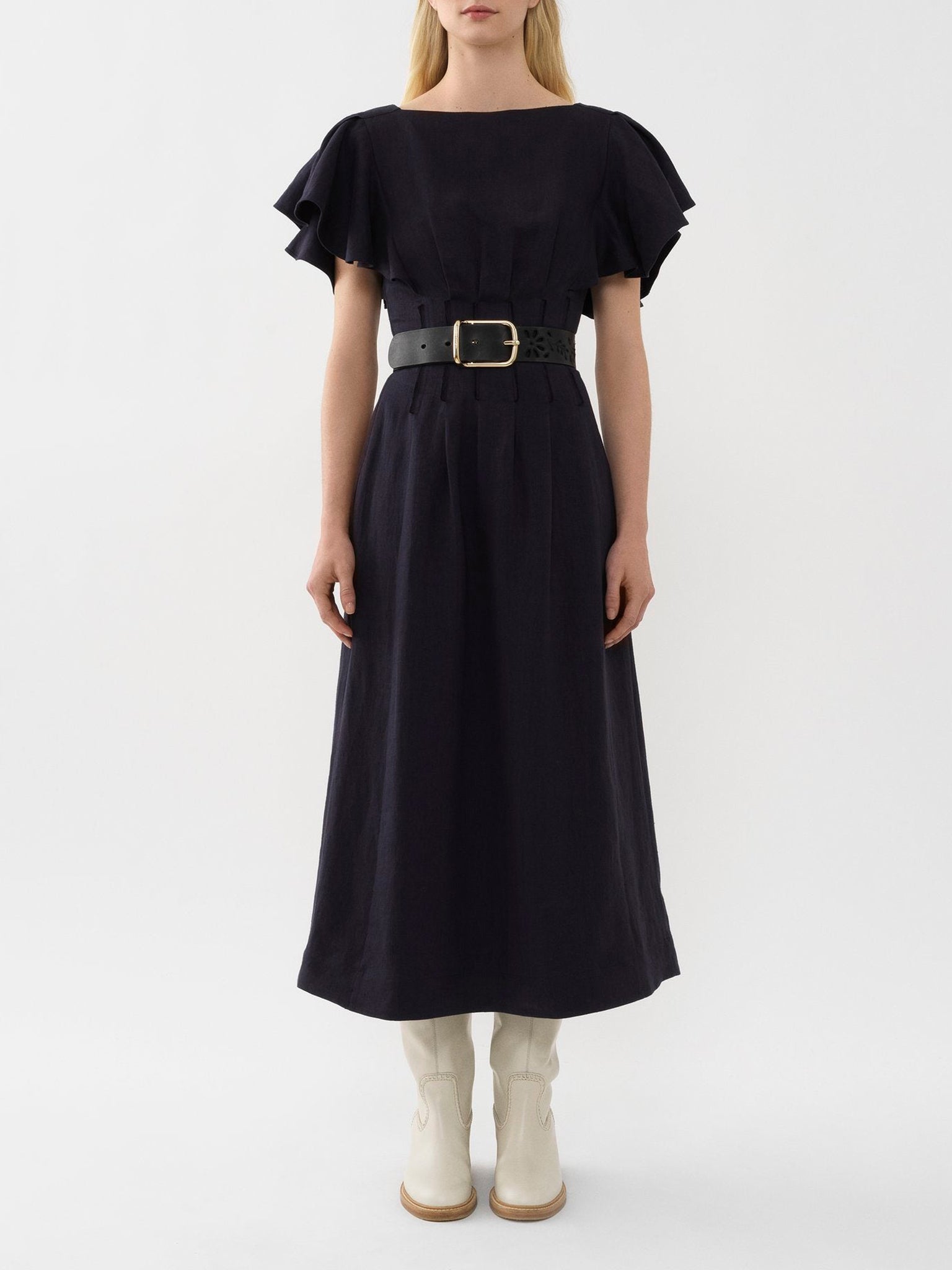 Robe corset volantée en lin - Ink Navy