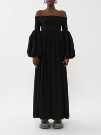 Robe à manches longues smockée en laine - Black
