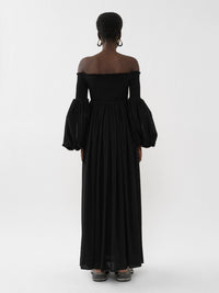 Robe à manches longues smockée en laine - Black