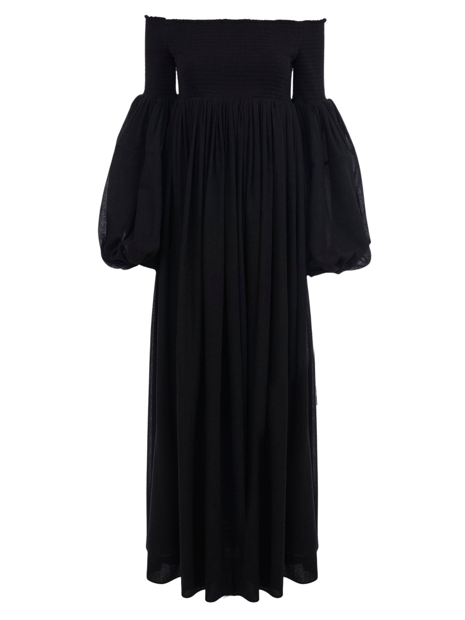 Robe à manches longues smockée en laine - Black