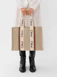 Grand sac cabas Woody en lin - White & Brown