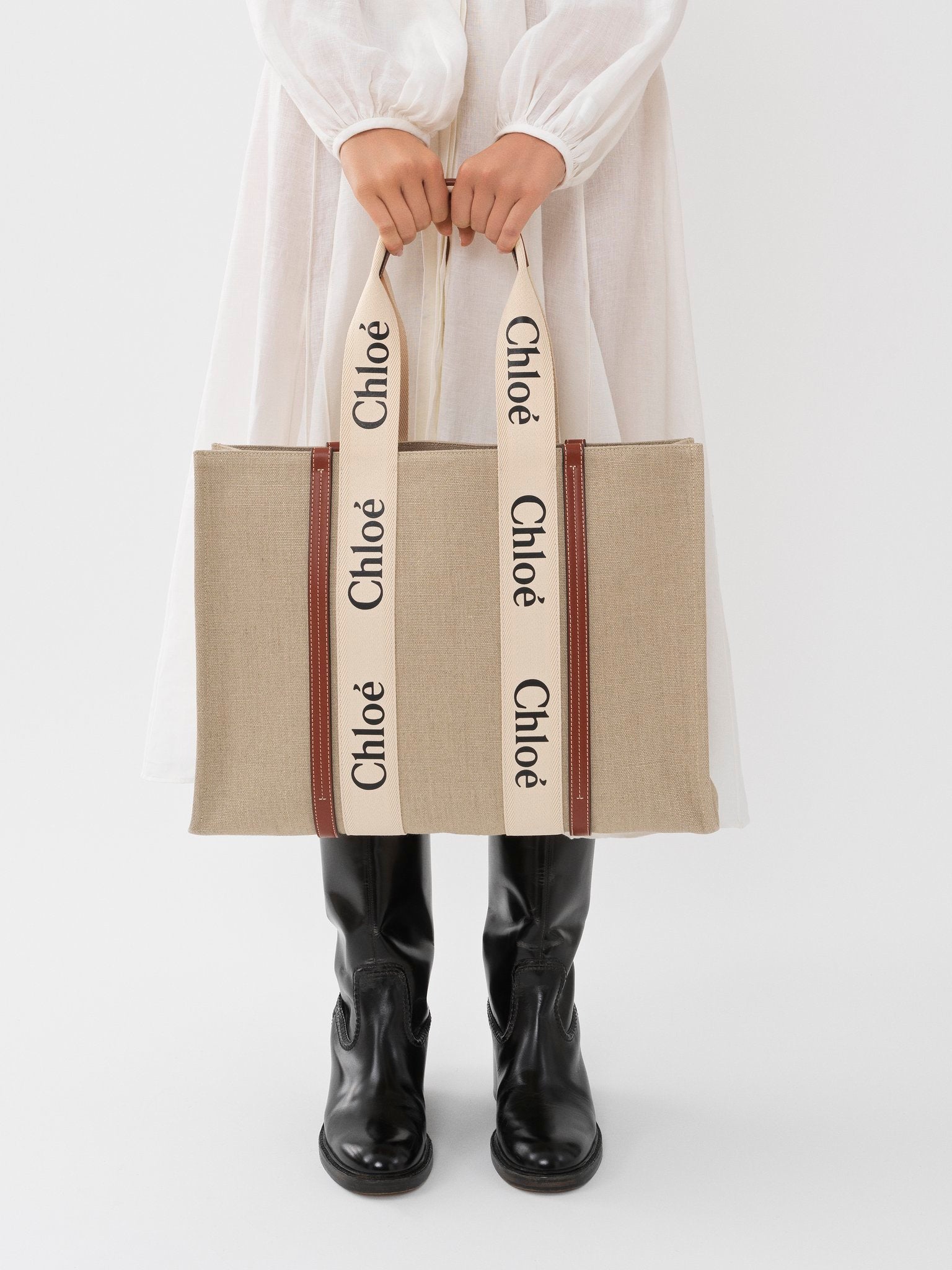 Grand sac cabas Woody en lin - White & Brown