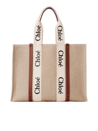 Grand sac cabas Woody en lin - White & Brown