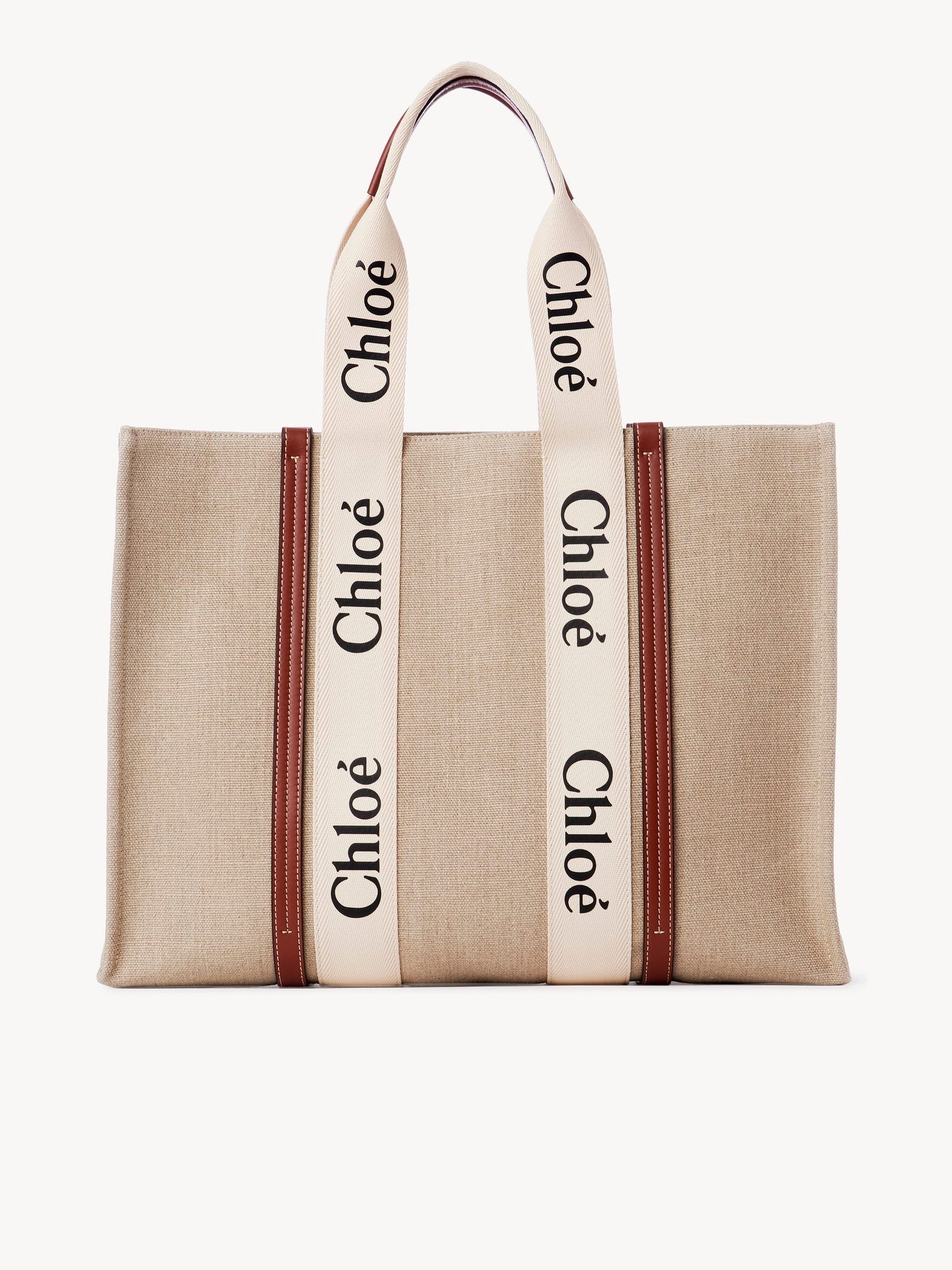 Grand sac cabas Woody en lin - White & Brown