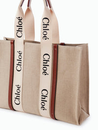 Grand sac cabas Woody en lin - White & Brown