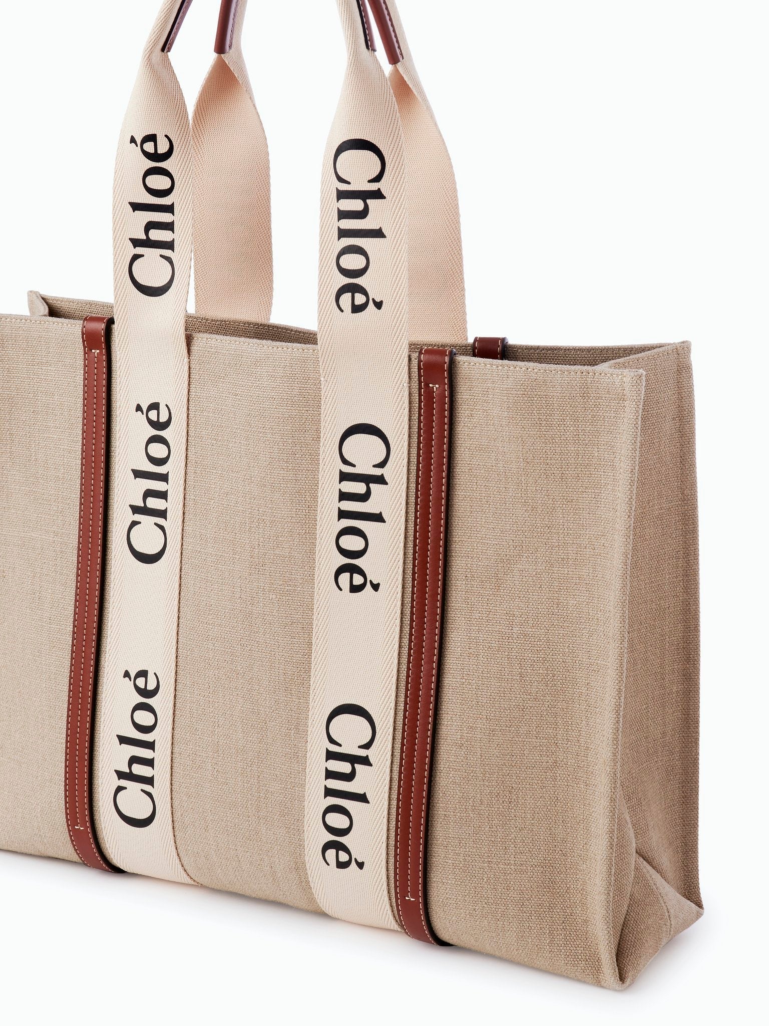 Grand sac cabas Woody en lin - White & Brown