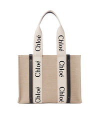 Sac cabas Woody large en lin - White & Blue