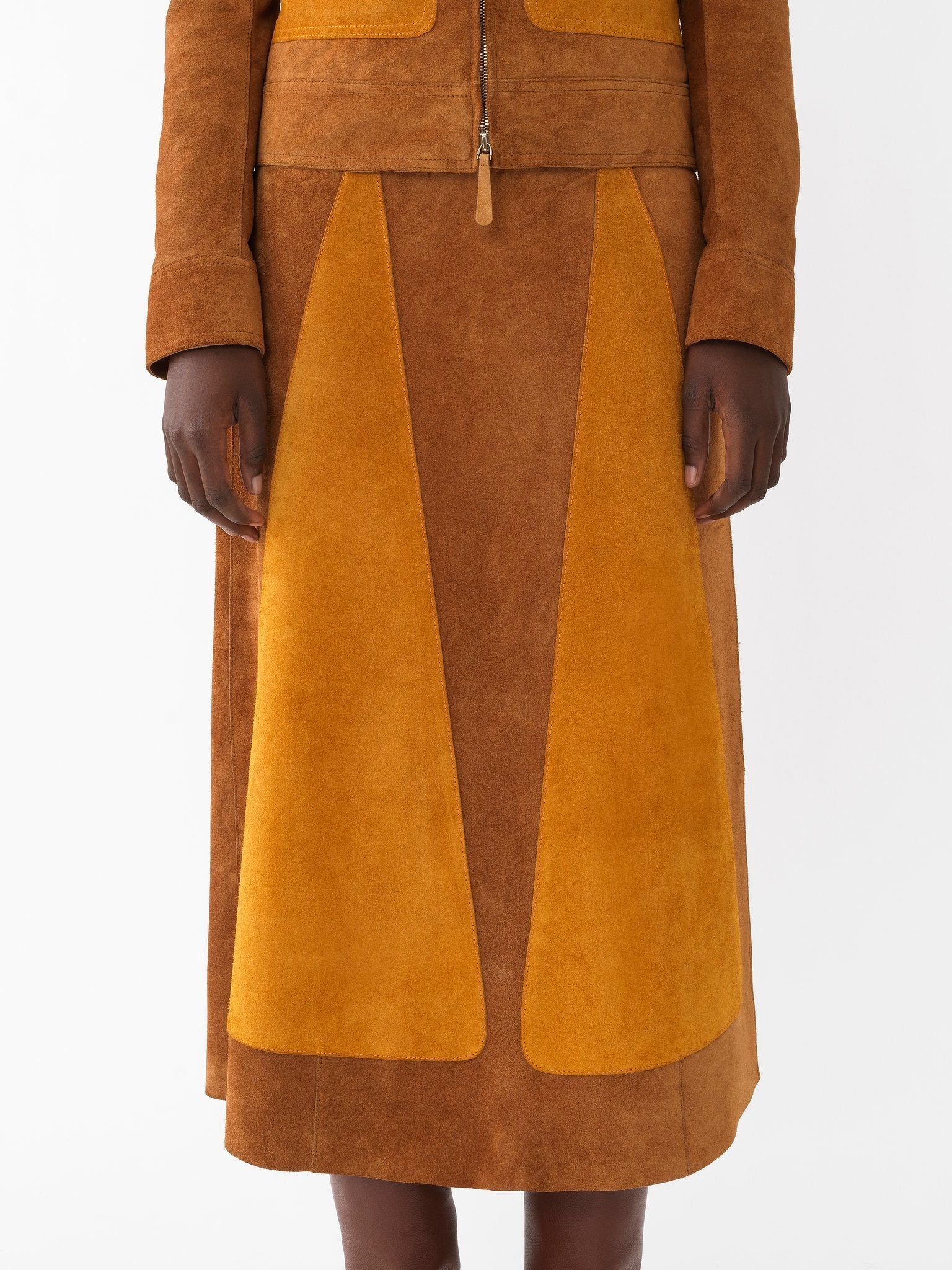 Jupe midi trapèze graphique en cuir - Brick Brown
