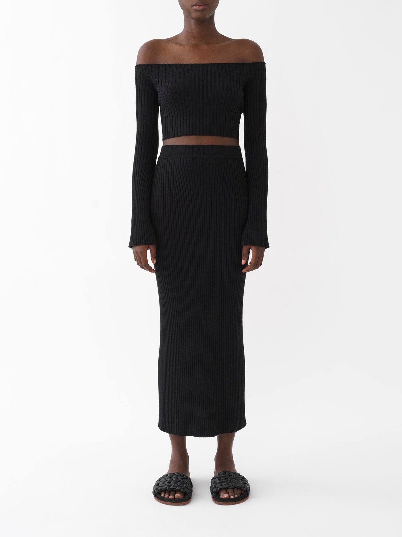 Jupe midi ajustée en laine - Black