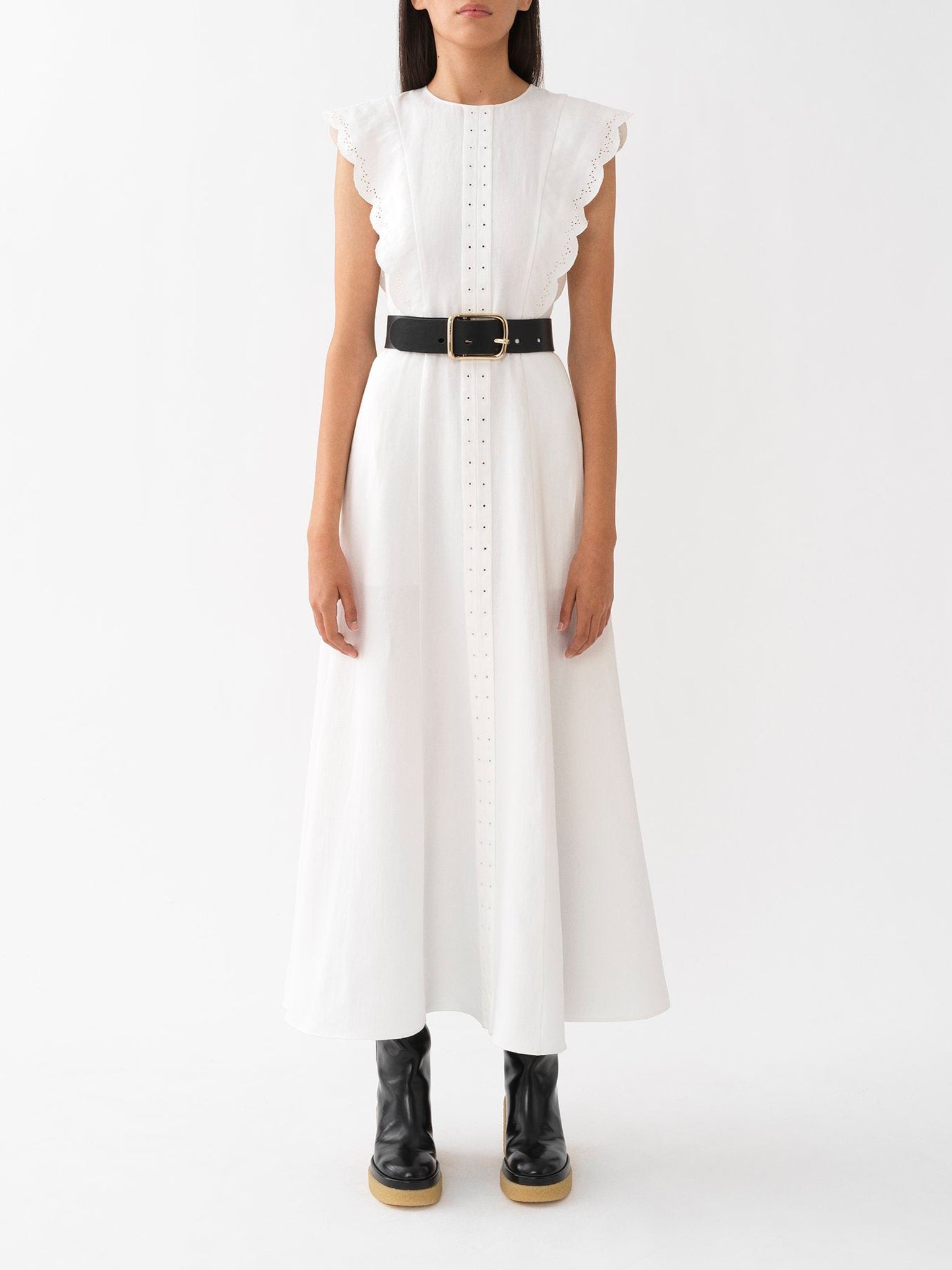 Robe longue évasée plastron V en lin - Iconic Milk