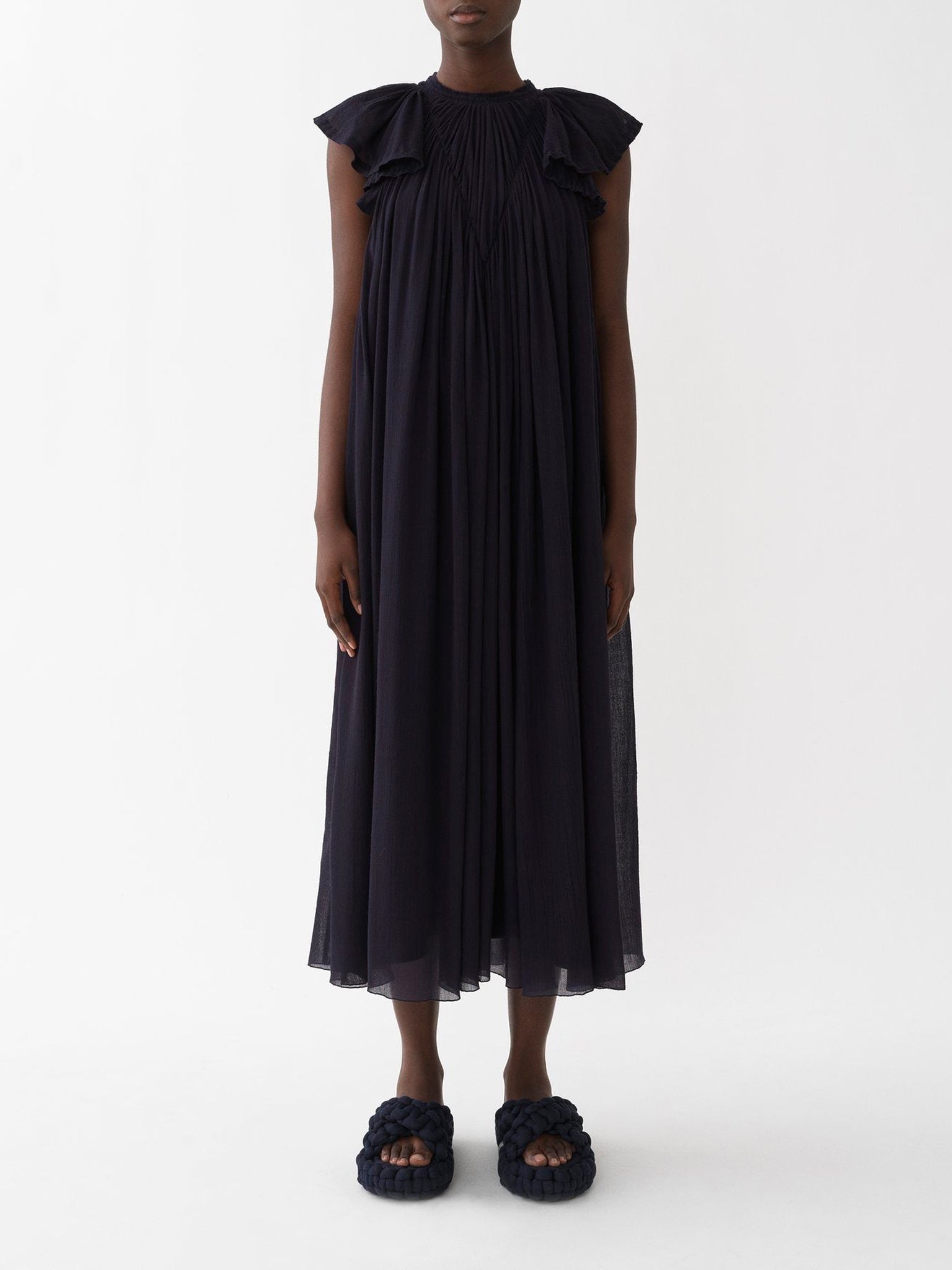 Robe midi froncée en laine - Ink Navy