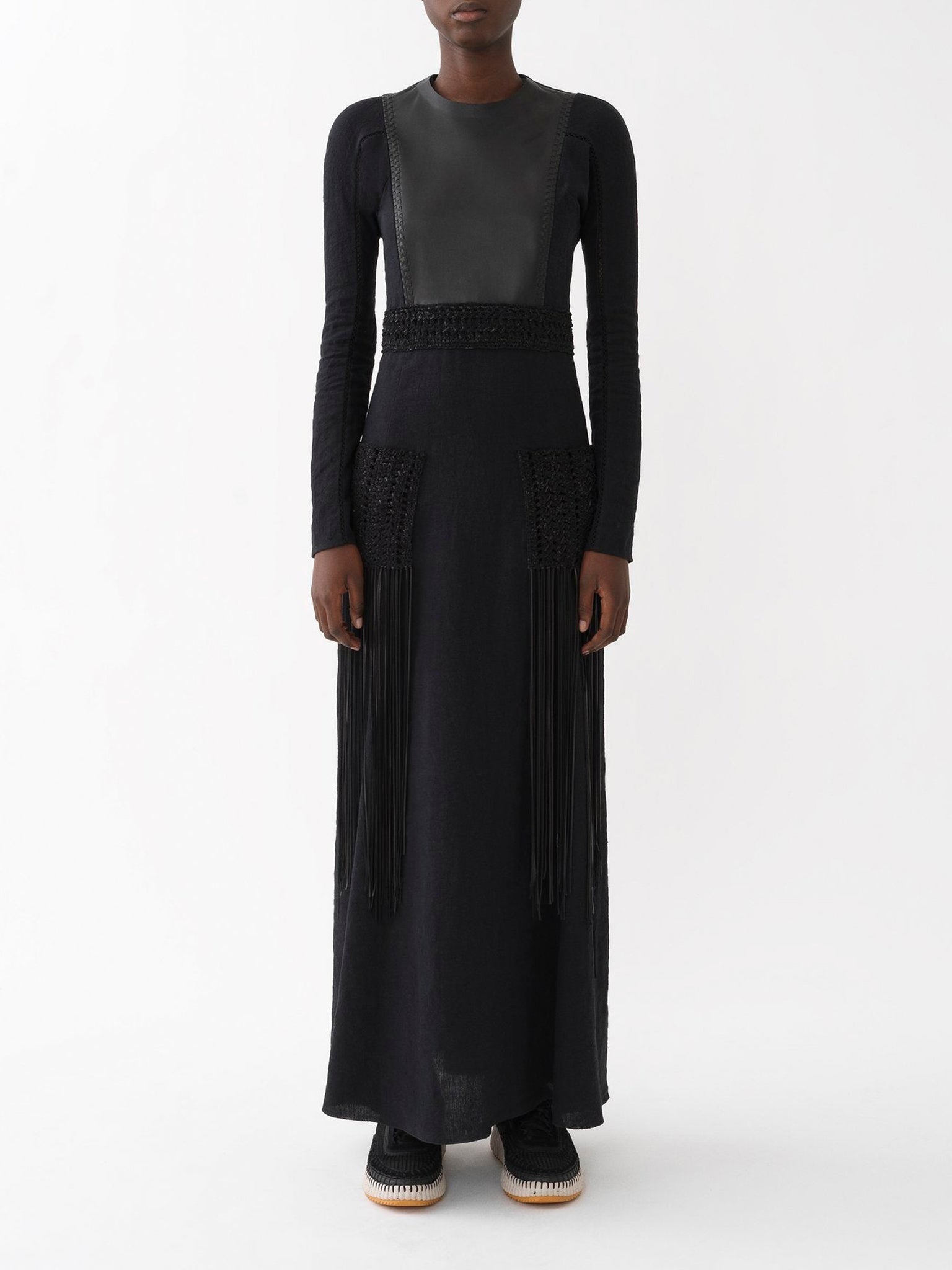 Robe longue cintrée en cuir et lin - Black