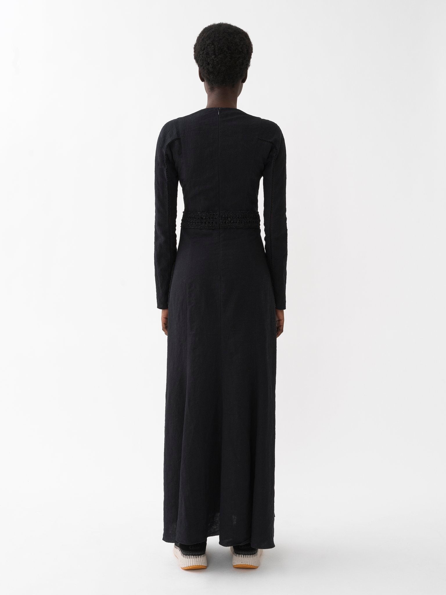 Robe longue cintrée en cuir et lin - Black