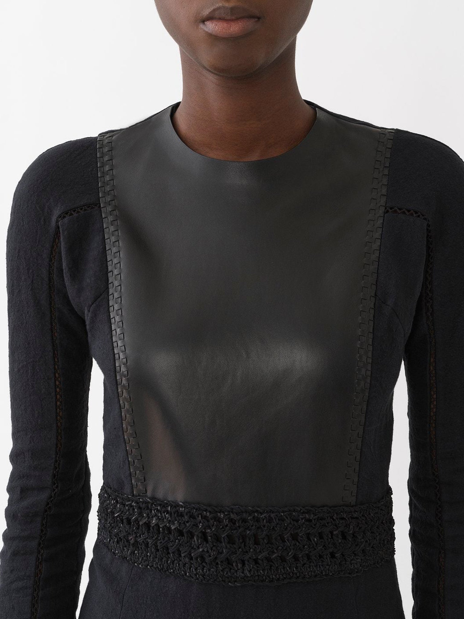 Robe longue cintrée en cuir et lin - Black