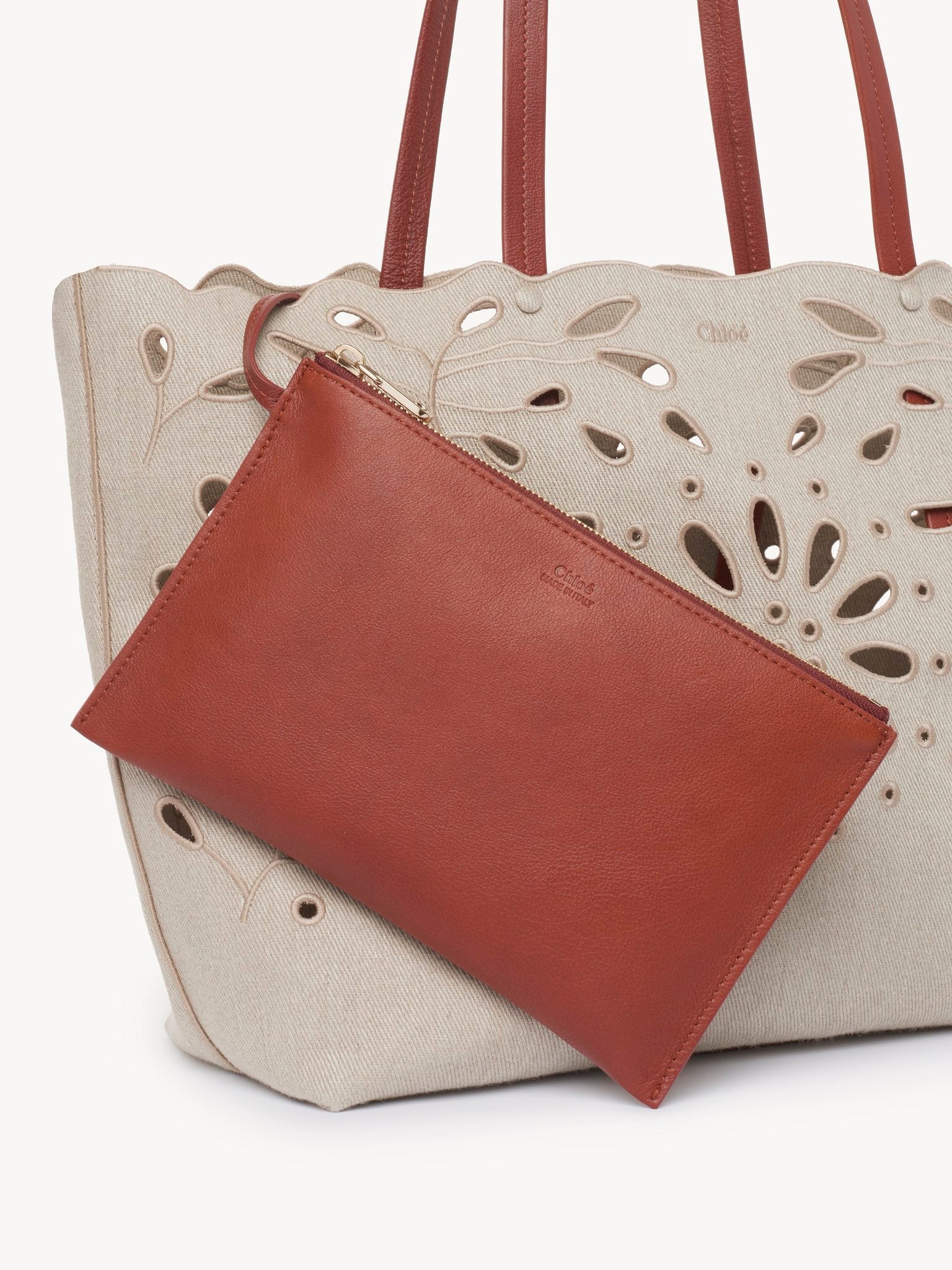Sac cabas est-ouest Kamilla en cuir et lin - Sepia Brown